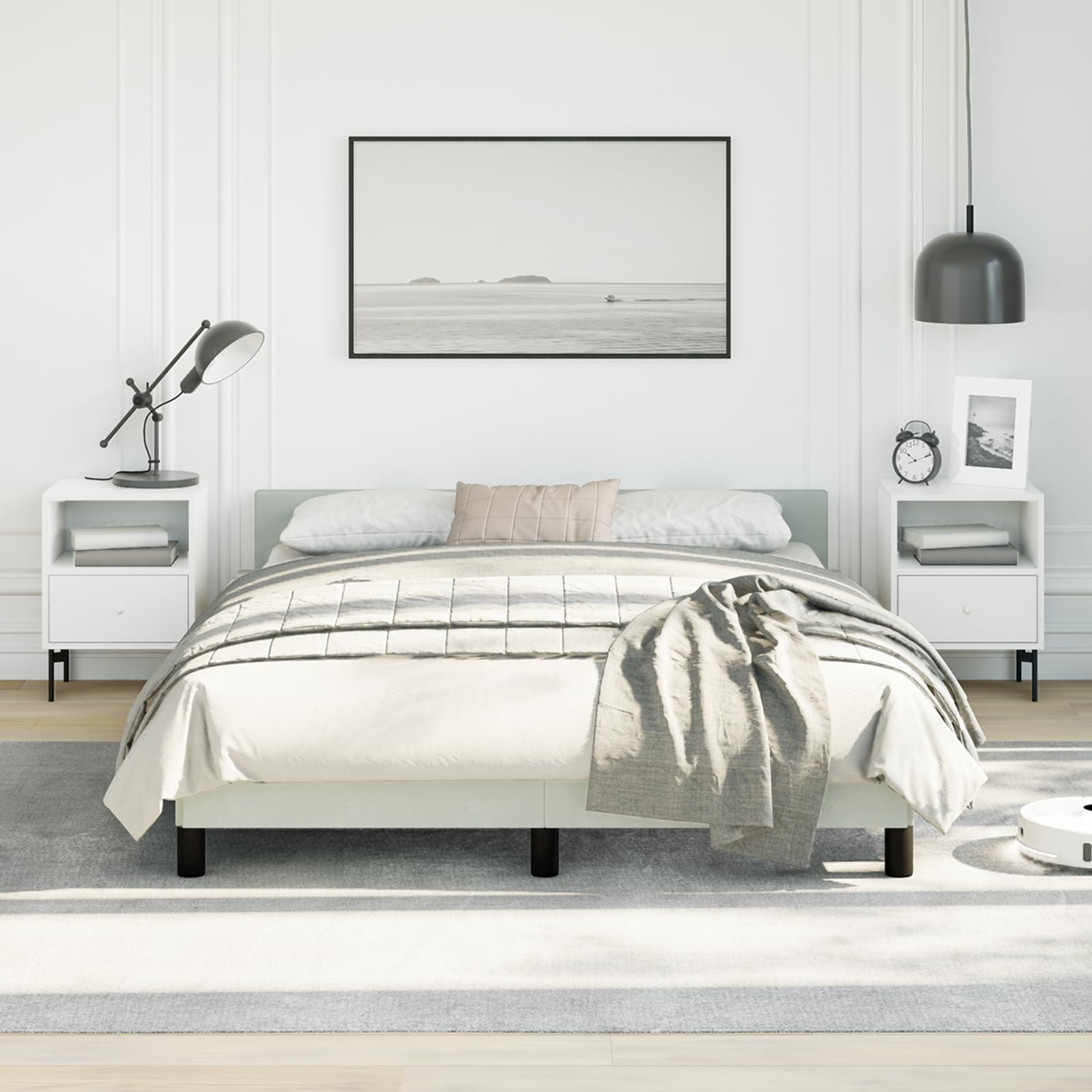 vidaXL Velvet Bed Frame Platform Bed, Scandinavian Style/Slats Support/No Box Spring Needed/Without Mattress/Easy Assembly, Light Grey Full Bed