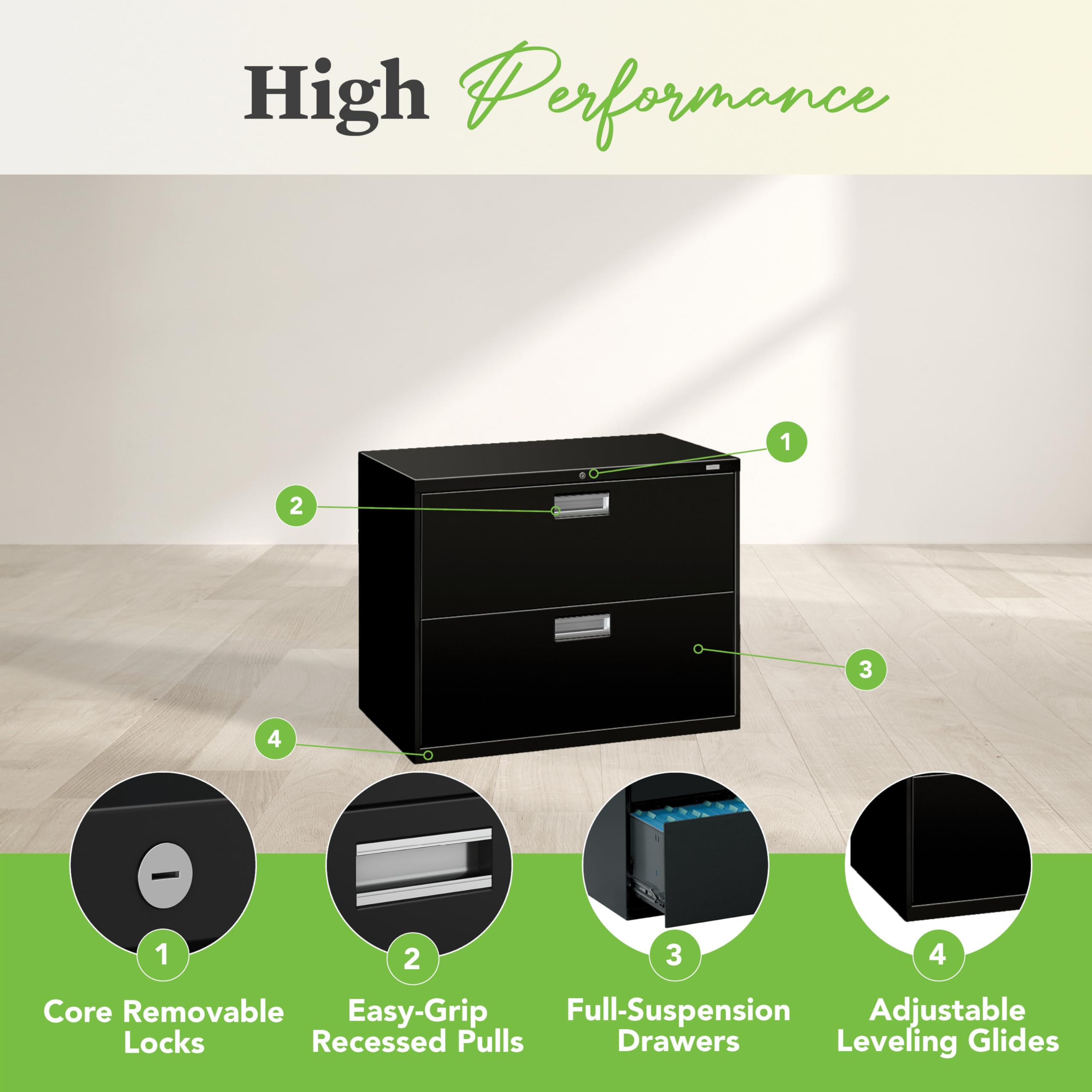 HON Brigade Lateral Legal or Letter File Cabinet, 2 Drawers, Black