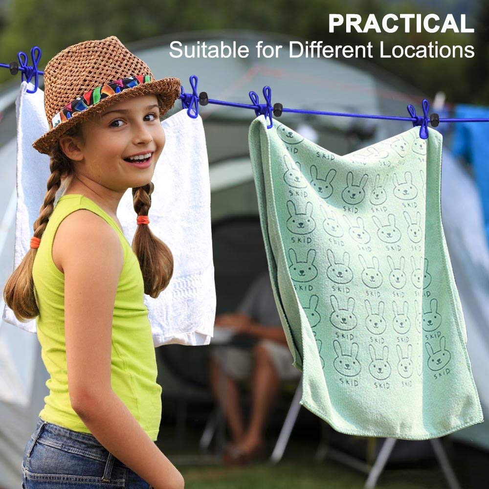 Newraturner Portable Clothesline 2 Pack with 12 Clothespins, Windproof Retractable Elastic Laundry Line, Blue/Black for Travel & Home