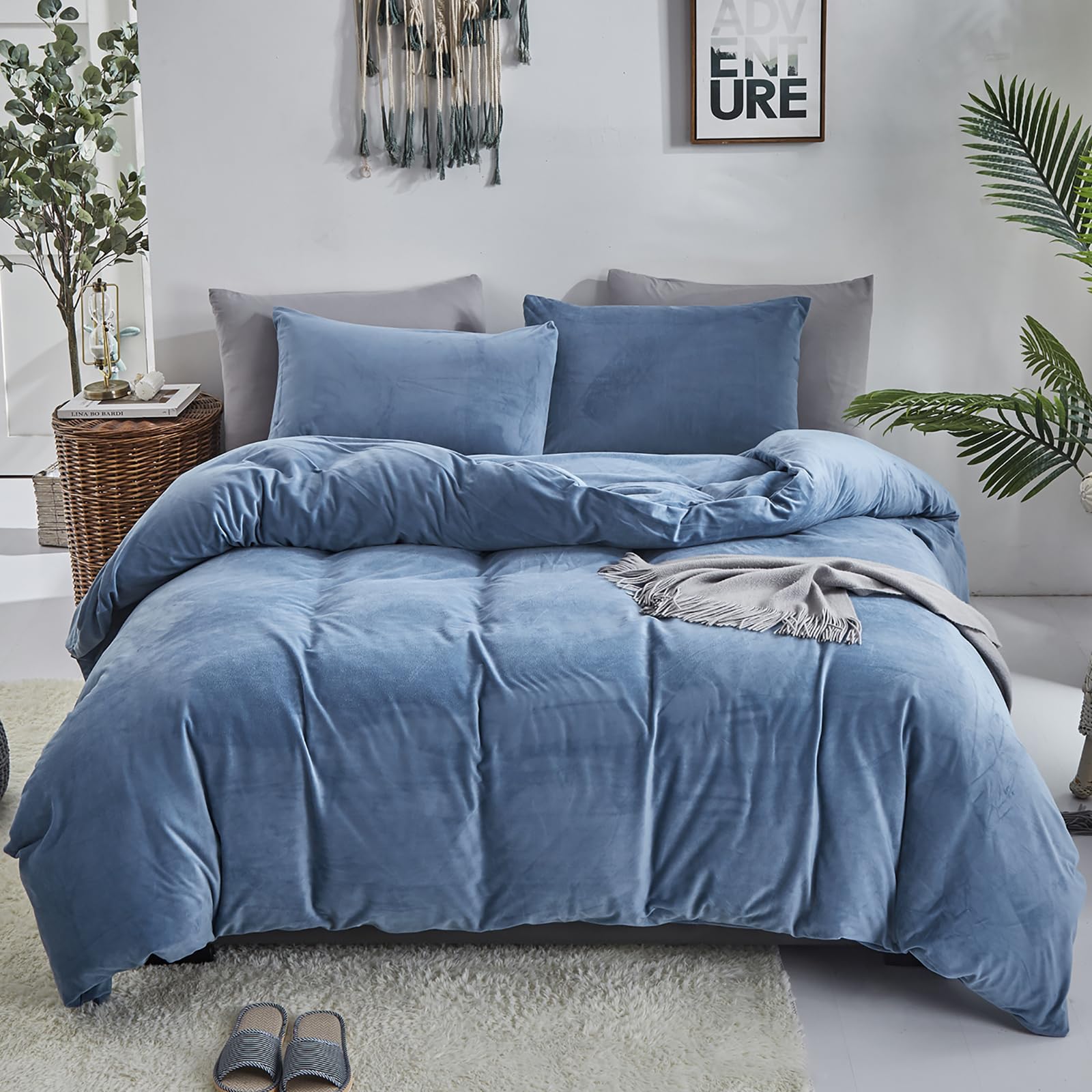 Luxlovery Blue Velvet Comforter Set Full Lake Blue Flannel Plush Bedding Comforter Set Winter Thick Warm Solid Bright Blue Fluff