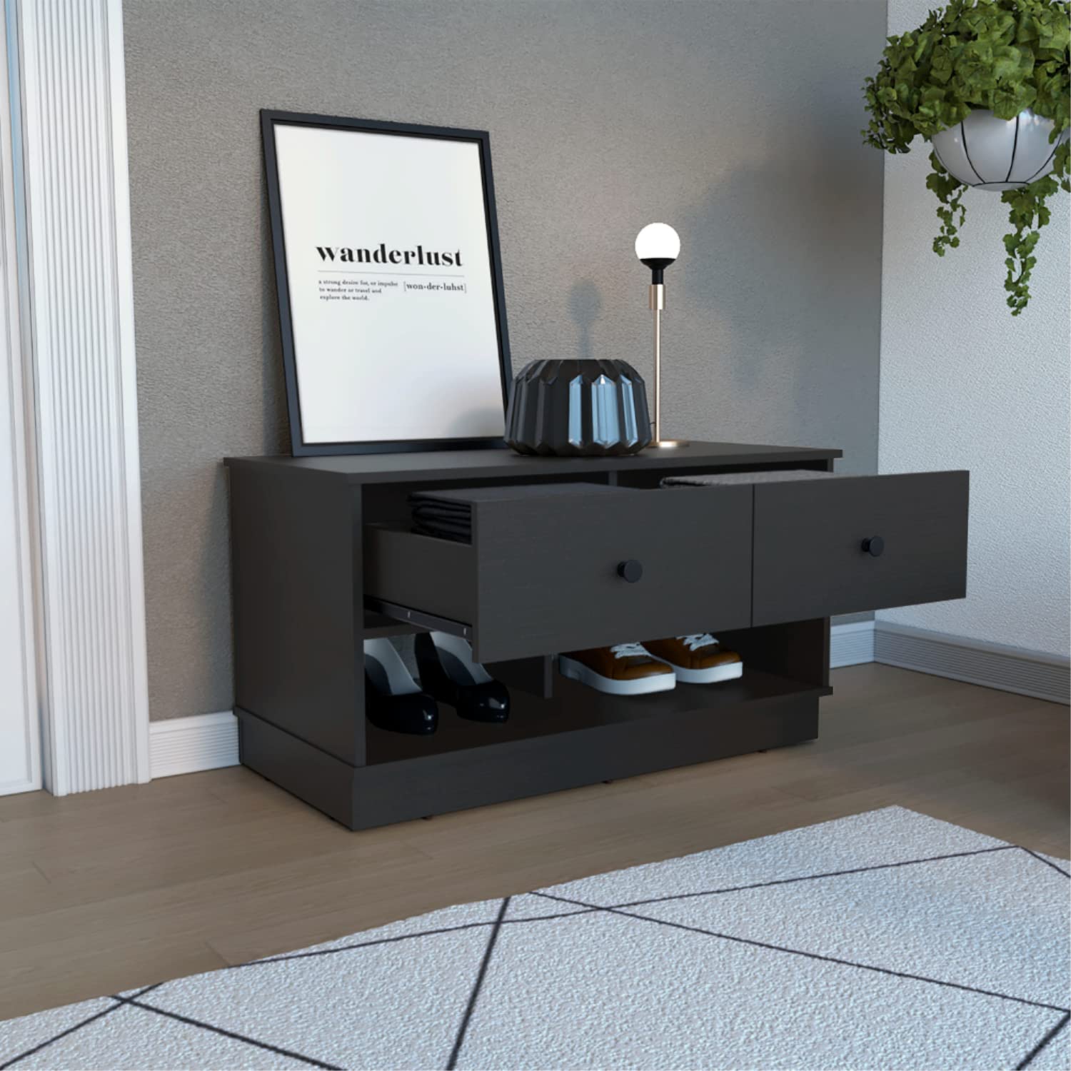 Uranus Storage Bench, 2 Drawers, 2 Open Shelves, Black