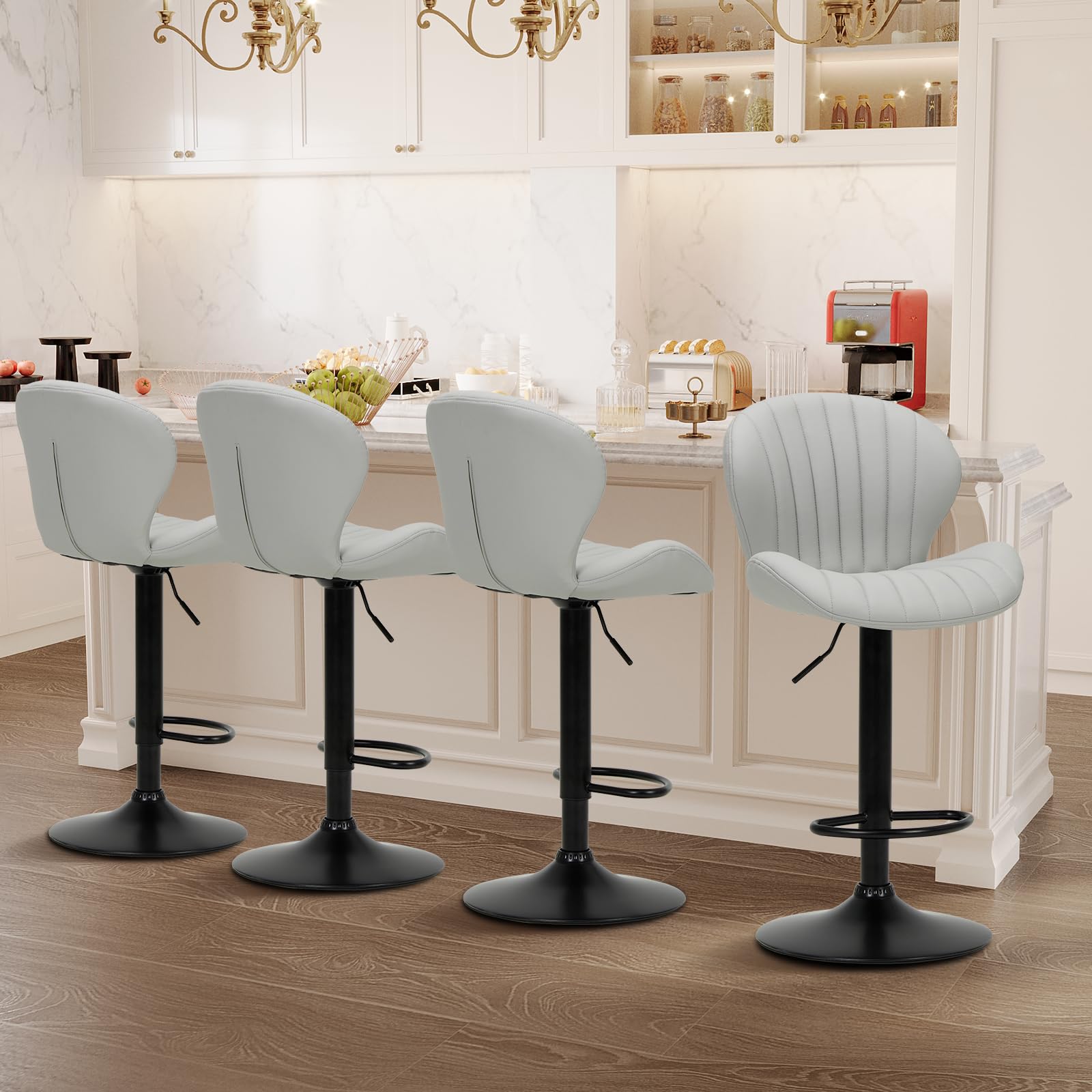 COLAMY Bar Stools Set of 4, Modern Swivel Bar Chairs, Adjustable Faux Leather Upholstered Barstools Counter Height with High Bac