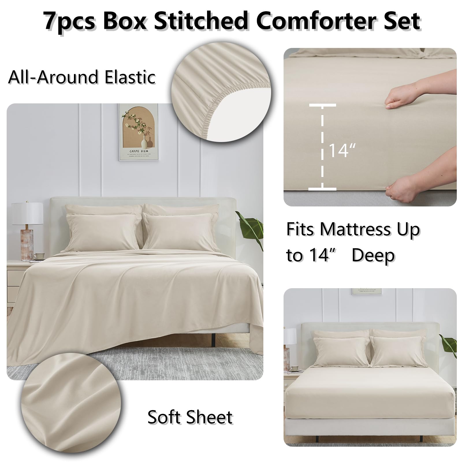 Cozylux Beige Comforter Set Queen 7 Pieces Beige Queen Comforter Set Cream Off White Bedding Sets For All Season With Comforter, Flat Sheets, Fitted Sheet, Pillowcases & Shams
