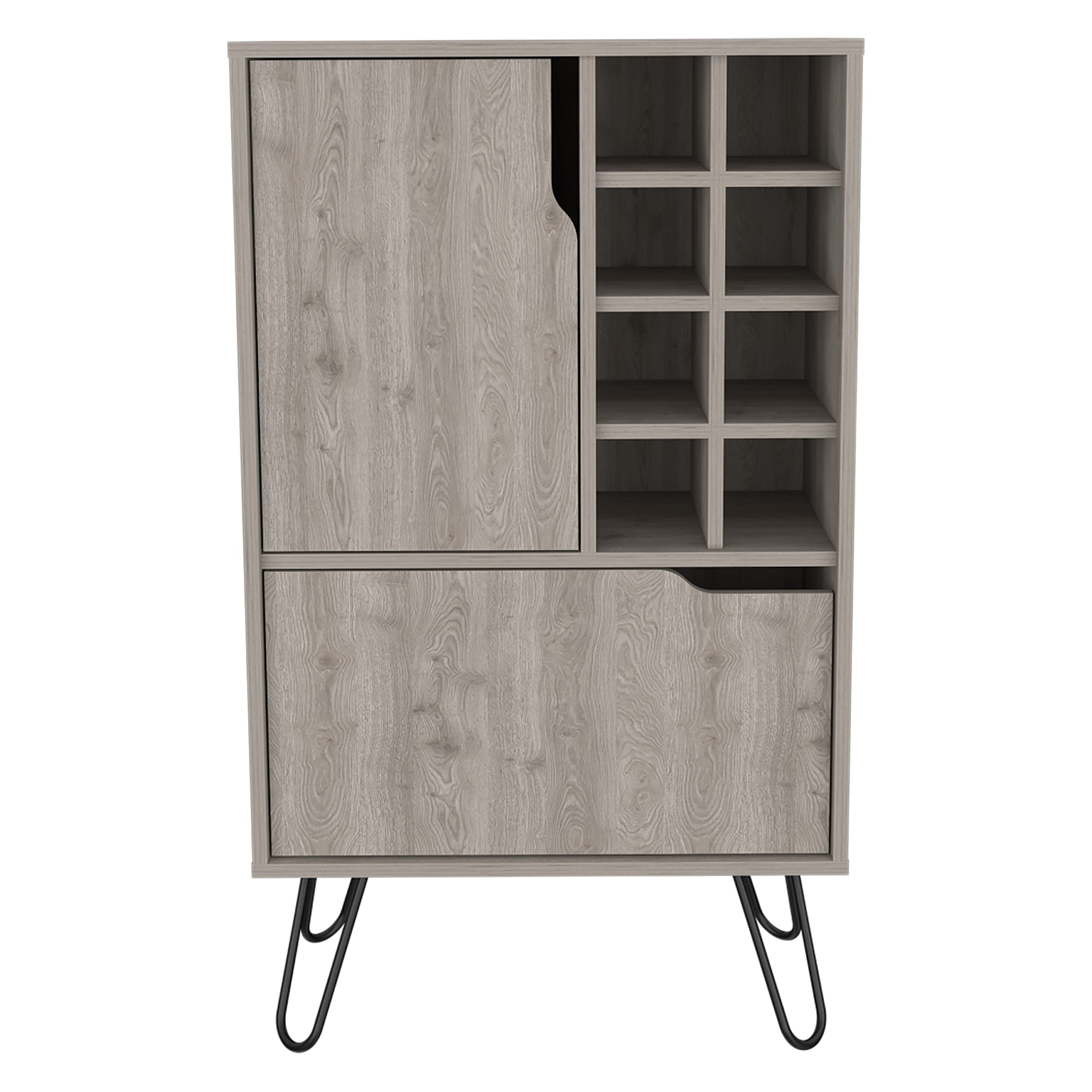 DEPOT E-SHOP Zamna L Bar Single Door Cabinet, 8 Built-in Wine Rack, 4 Legs, Light Gray