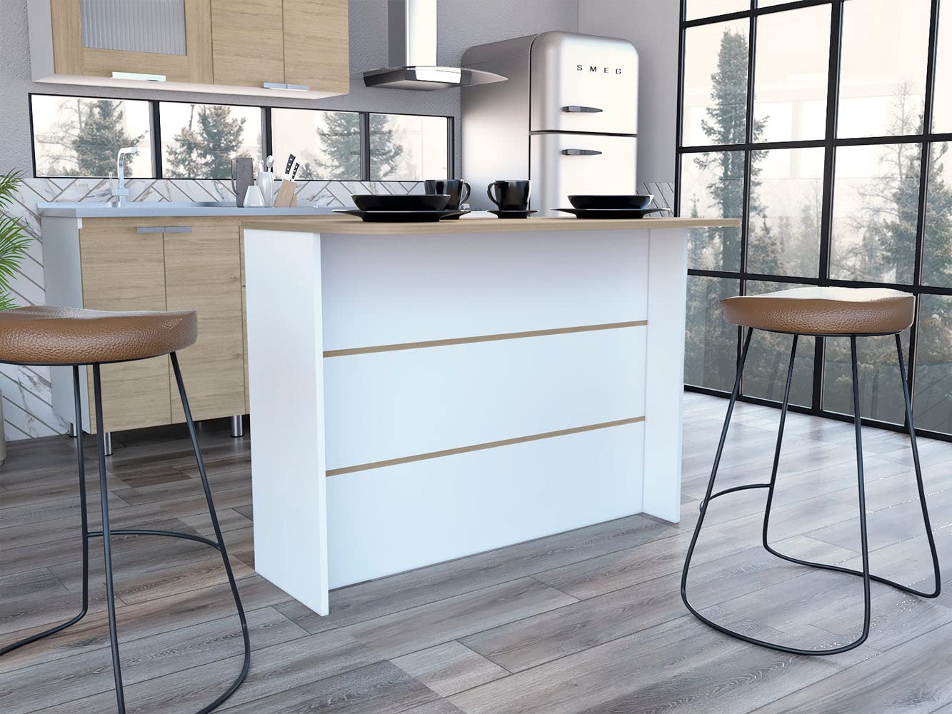 DEPOT E-SHOP Britton Kitchen Island with 2-Tier Storage Shelf and Ample Workstation, White/Light Pine