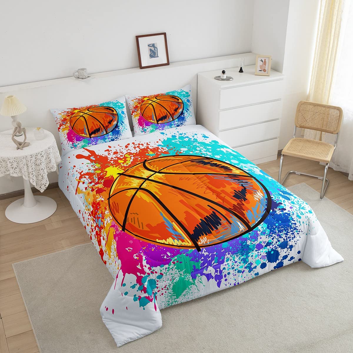 Castle Fairy Basketball Full Size Comforter Set Colorful Tie-Dye Bedding Set For Kids Adults Teens Sports Theme Comforter Luxury Graffiti Hip Hop Quilt Set Room Decor 3Pcs