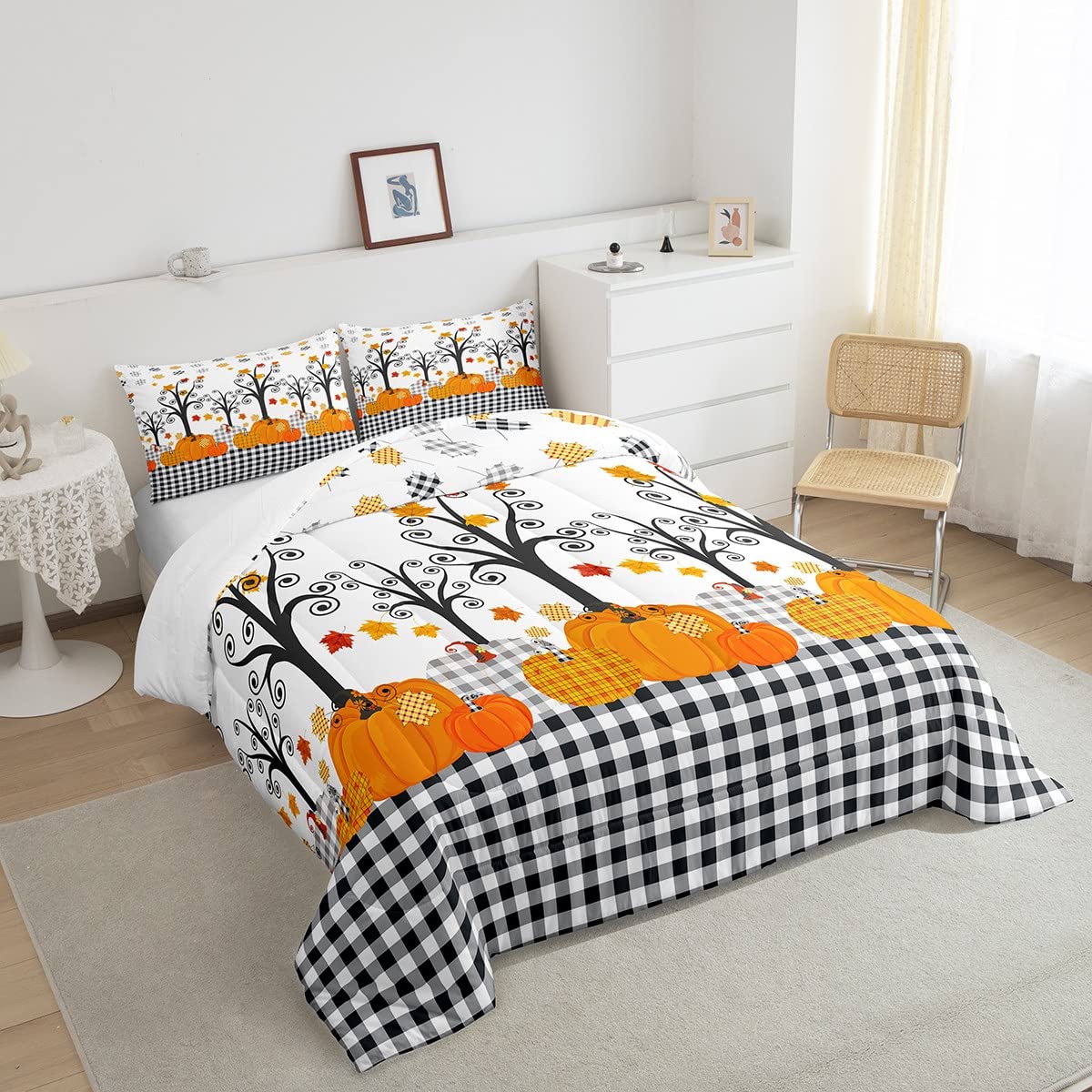 Fall Pumpkin Comforter Set Full Size,Kids Girls Home/Cottage Decor,Black White Plaid Halloween Bedding Set,Maple Trees Autumn Ha