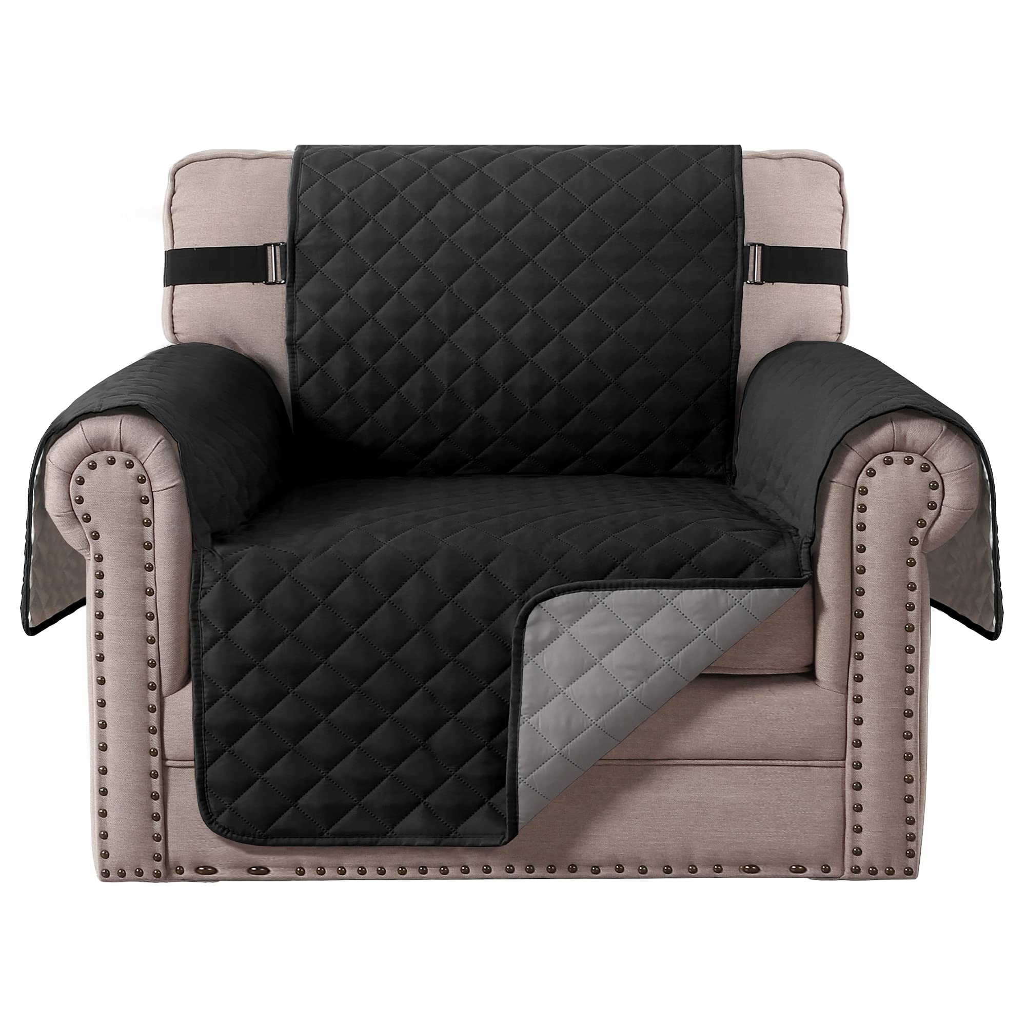 H.Versailtex Reversible Chair Cover For Dogs Pet Water Repellent Sofa Cover Chair Slipcover 2' Thick Straps Slip-Resistant Chair Protector Soft Quilted Seat Width Up To 21'(Armchair, Black/Grey)