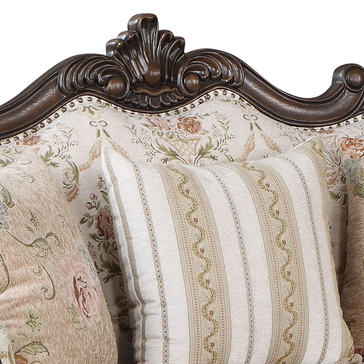 Acme Nayla Fabric Upholstered Rolled Arms Loveseat with 3 Pillows in Walnut