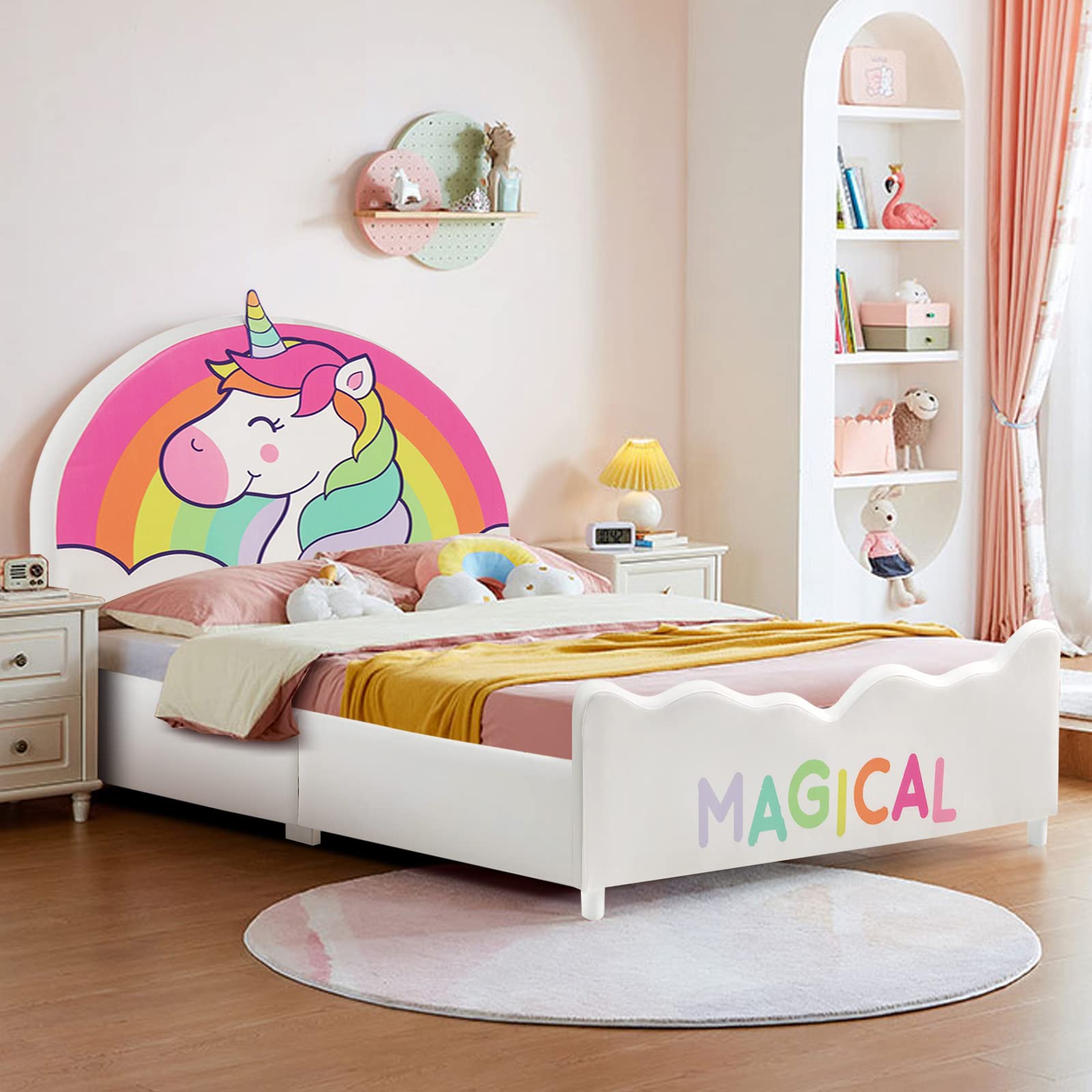 Costzon Twin Bed Frames For Kids, Wood Upholstered Twin Bed Platform With Slat Support, Padded Headboard&Footboard, No Box Spring Needed, Easy Assembly, Fits Standard Twin Mattress (Rainbow)