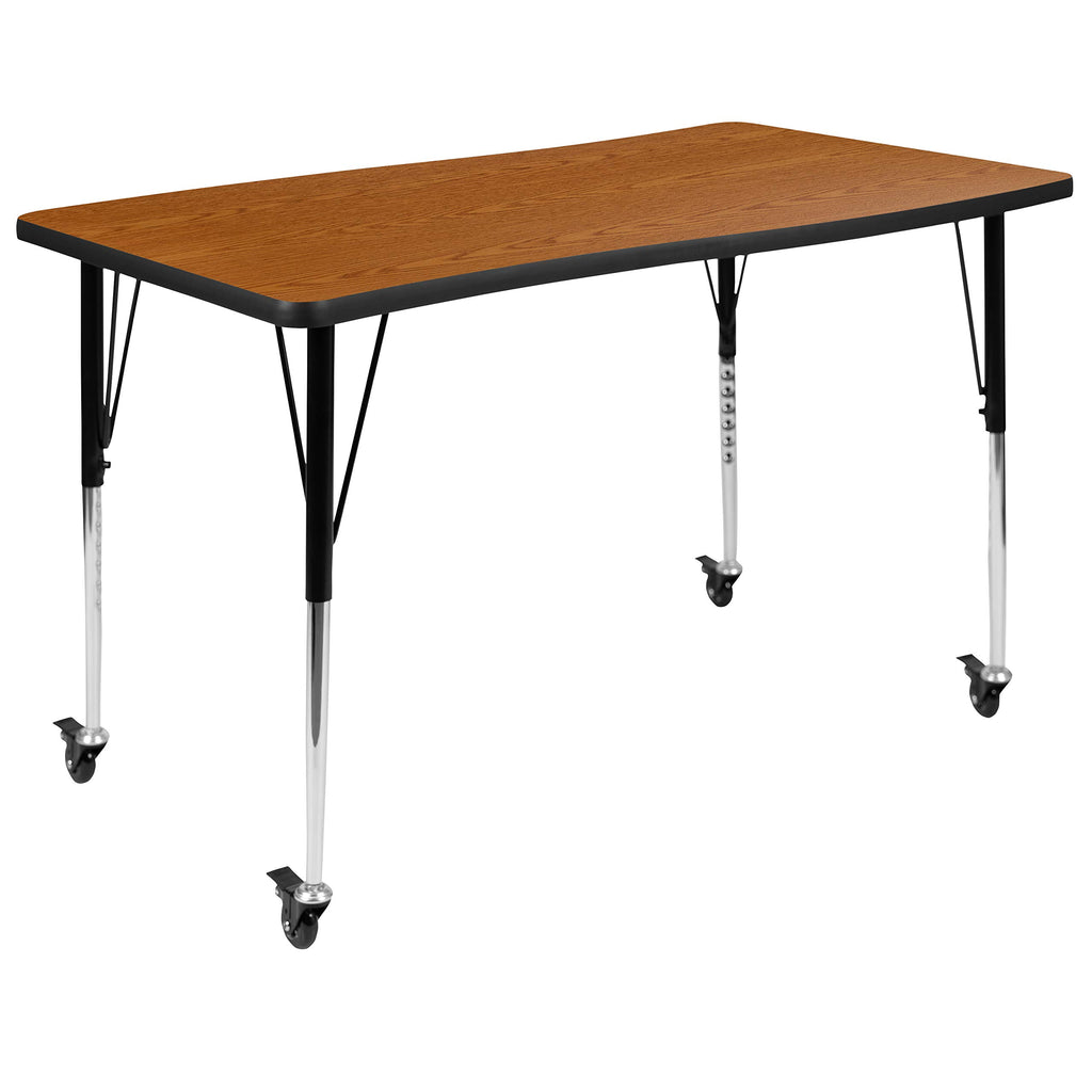 Flash Furniture Mobile 28"W X 47.5"L Rectangular Wave Collaborative Oak Thermal Laminate Activity Table - Standard Height Adjustable Legs