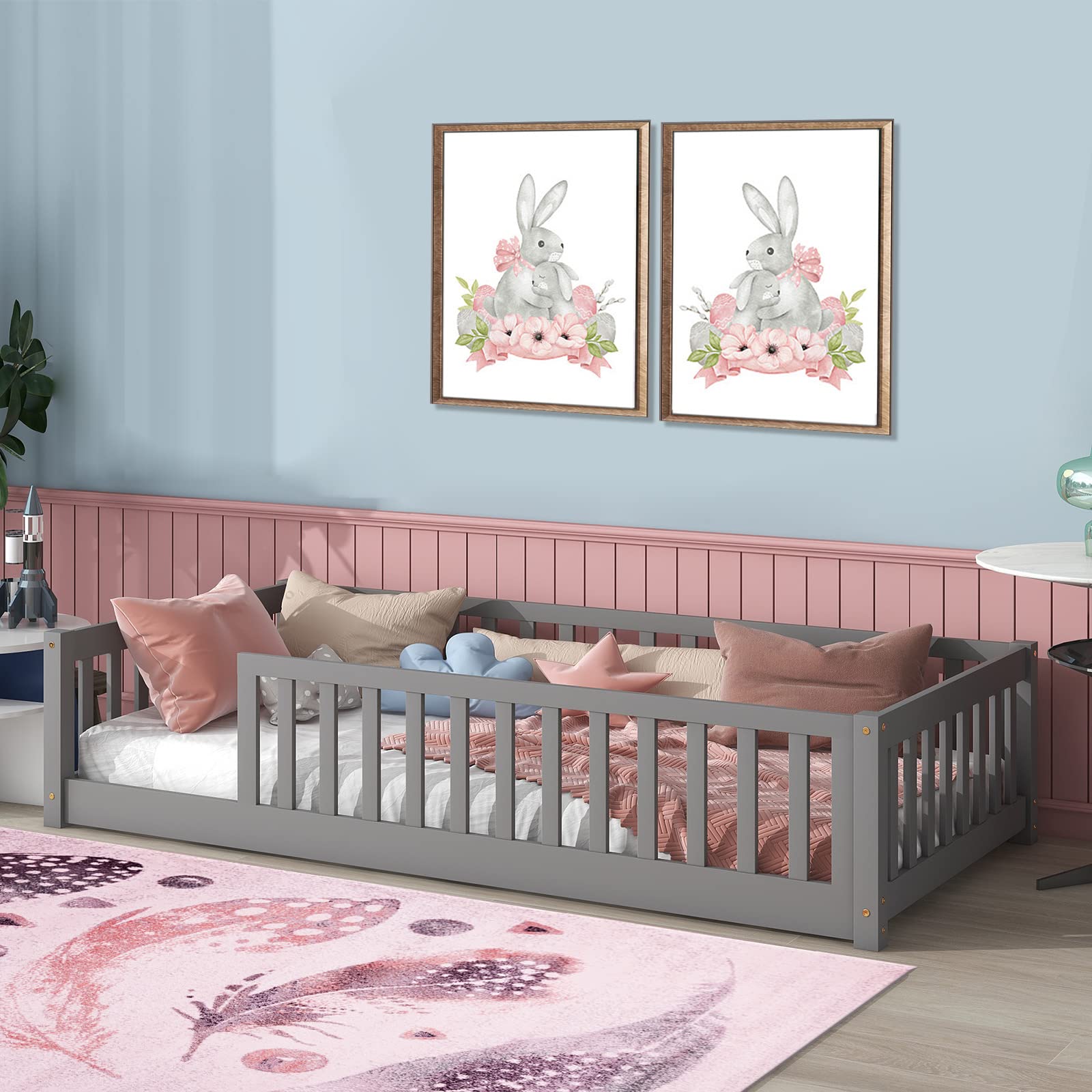 Tatub Twin Floor Bed With Safety Guardrails And Door And Slats, Wood Kids Montessori Floor Bed Frame For Girls And Boys, Twin-Grey Without Door