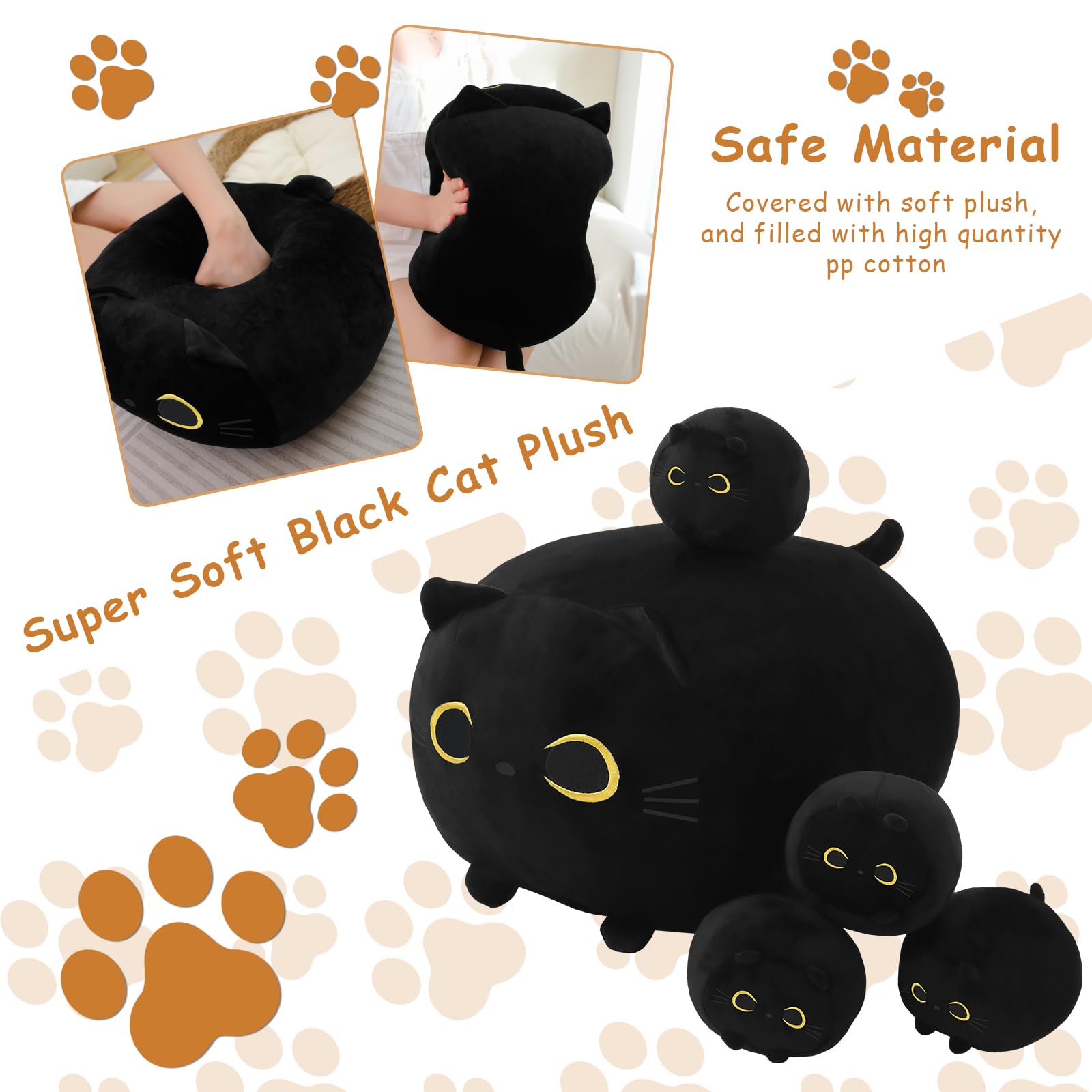 TOYSYM Black Cat Plush Toy with 4 Babies, Soft Cotton Hugging Pillow, Black