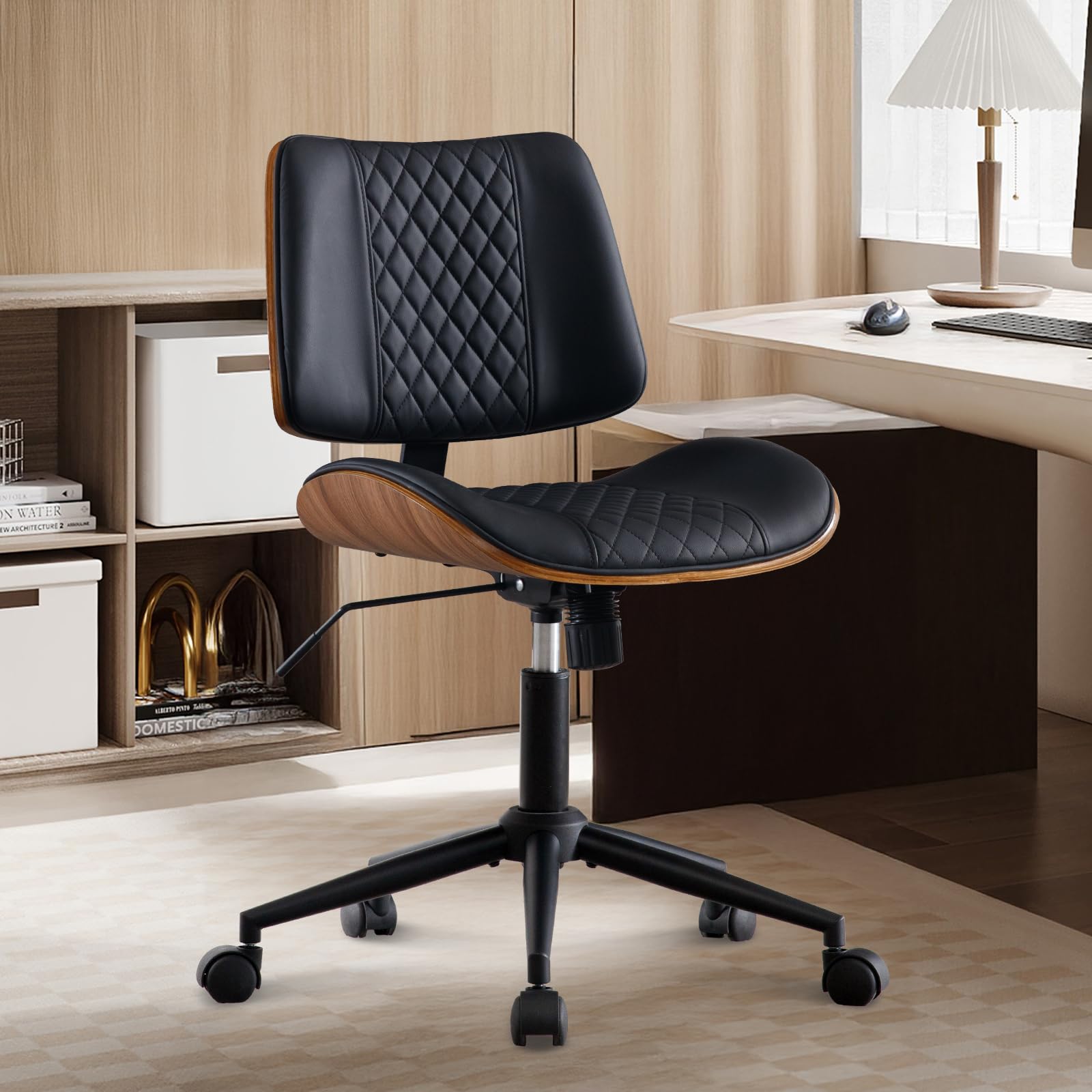 Bv Small Desk Chair, Mid Century Office Chair With Bentwood Back, Armless Task Chair With Wheels, Mid Back Vanity Chair, Swivel