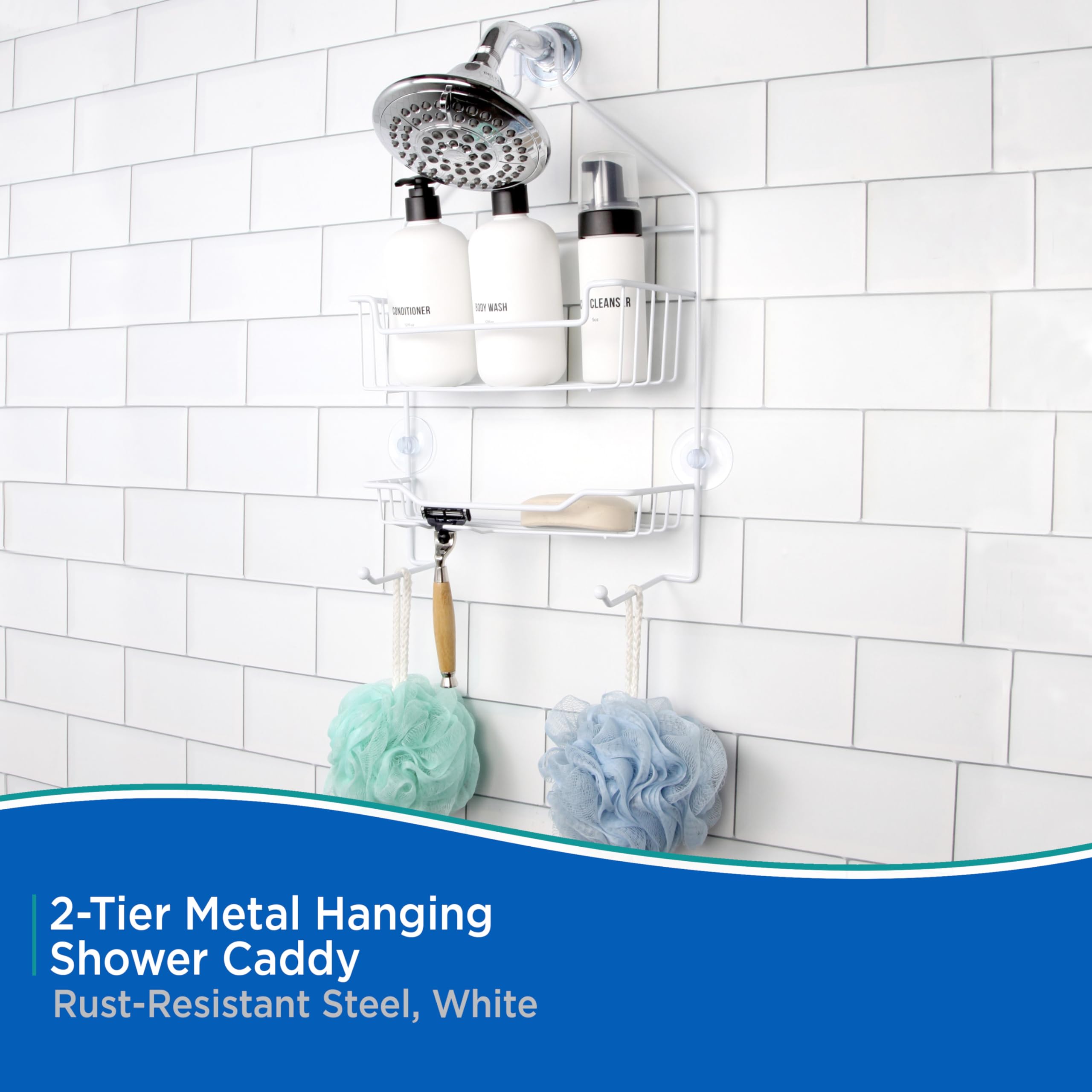 Kenney Kn614121 Over The Shower Head 17'' L X 10'' W X 4'' D Rust-Resistant Metal Wire Small 2-Shelf Hanging Caddy With Suction