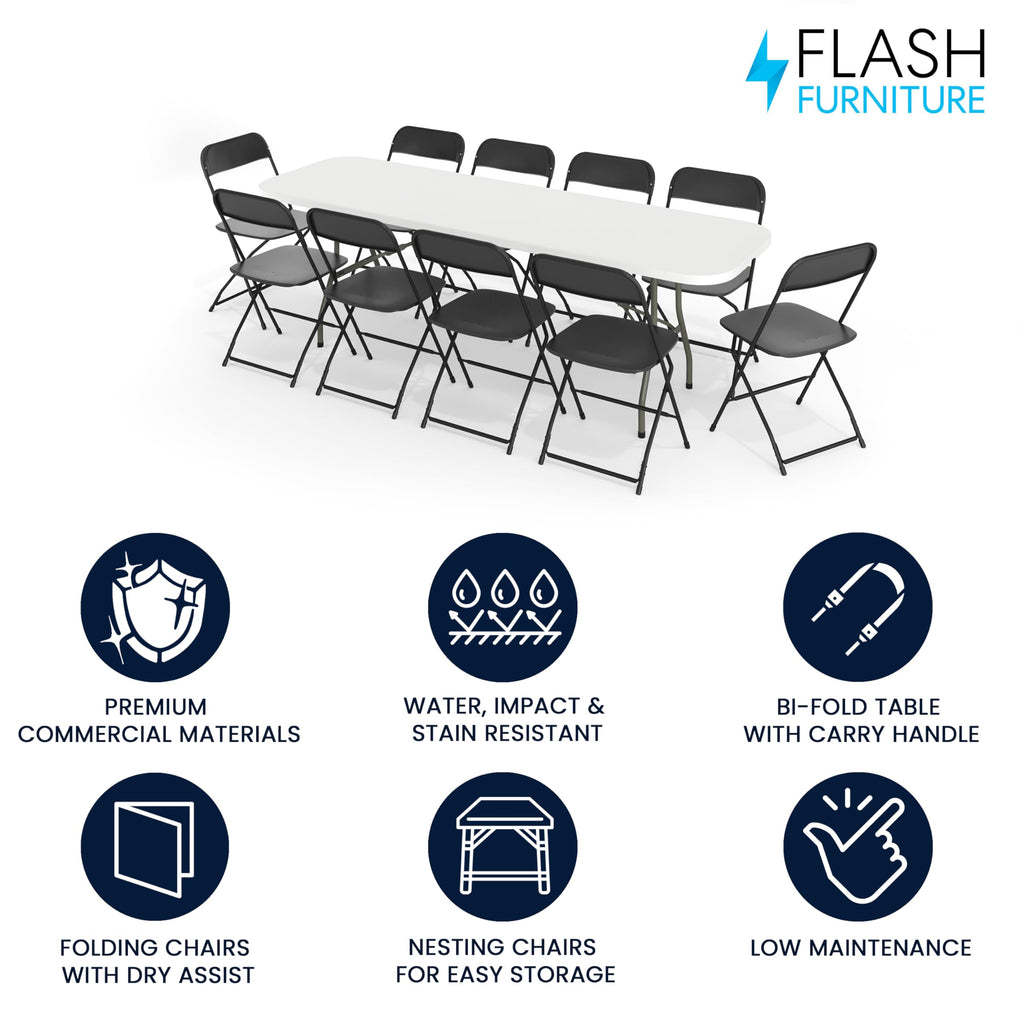 Flash Furniture 8' Bi-Fold Training Table and 10 Folding Chairs Set, White/Black Metal