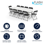 Flash Furniture 8' Bi-Fold Training Table and 10 Folding Chairs Set, White/Black Metal