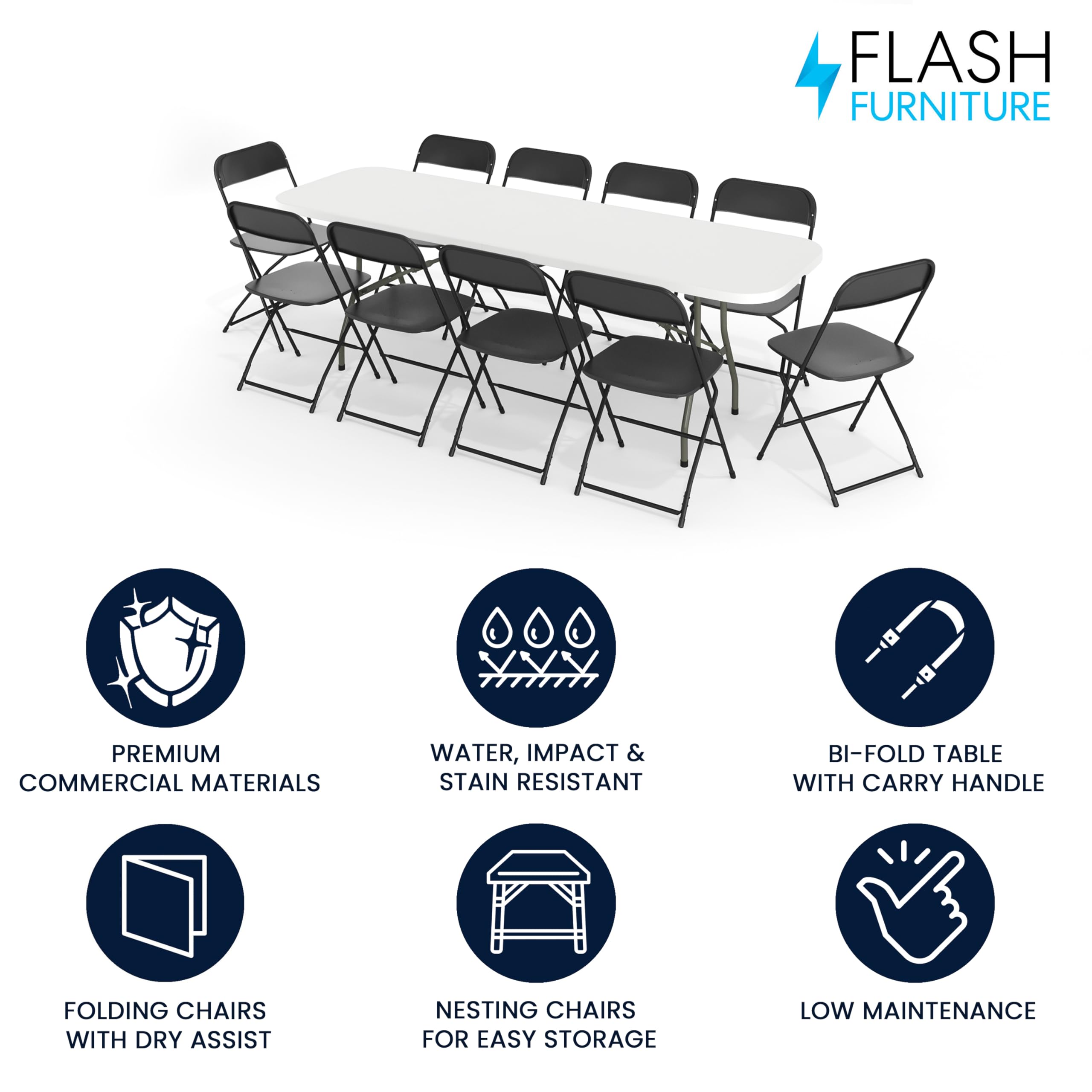 Flash Furniture 8' Bi-Fold Training Table and 10 Folding Chairs Set, White/Black Metal