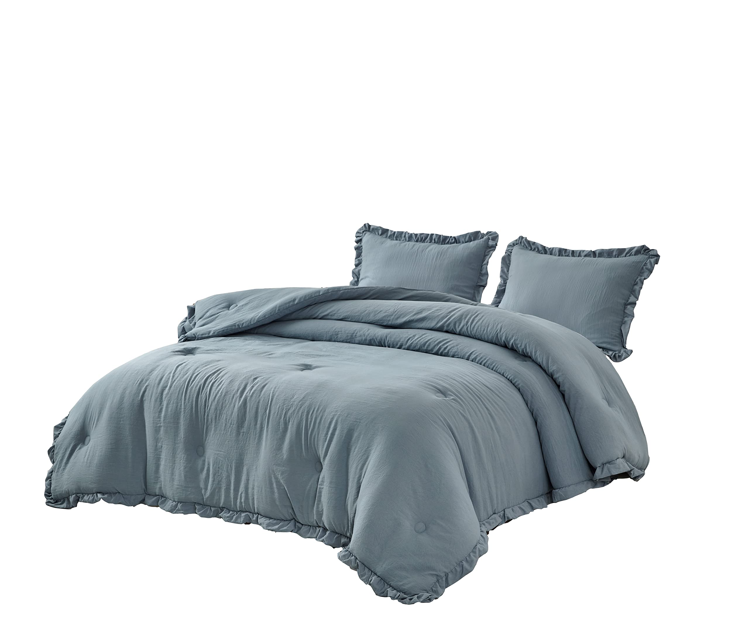 Chezmoi Collection Nora 3-Piece Ruffled Edge Trim Soft Washed Microfiber Comforter Set (Oversized King, Dusty Blue)