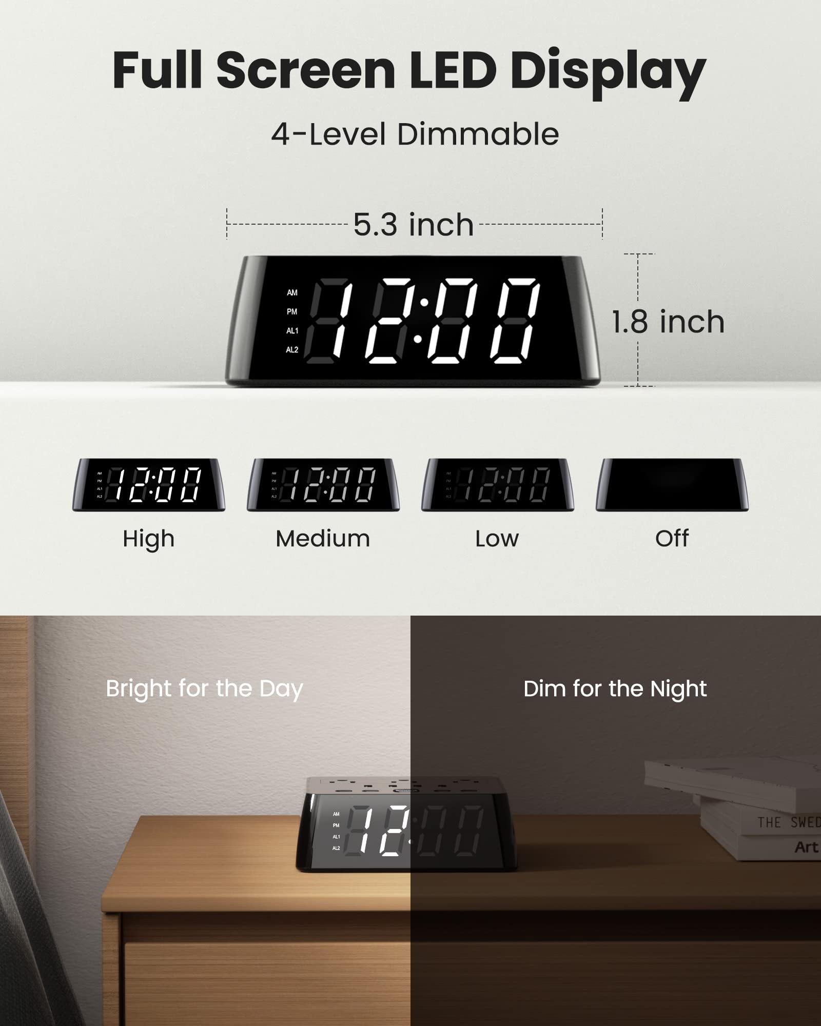 JACKYLED Alarm Clock Power Strip with 3 Outlets, 4 USB Chargers, 1700J Surge Protector, Dimmable LED Display, Black