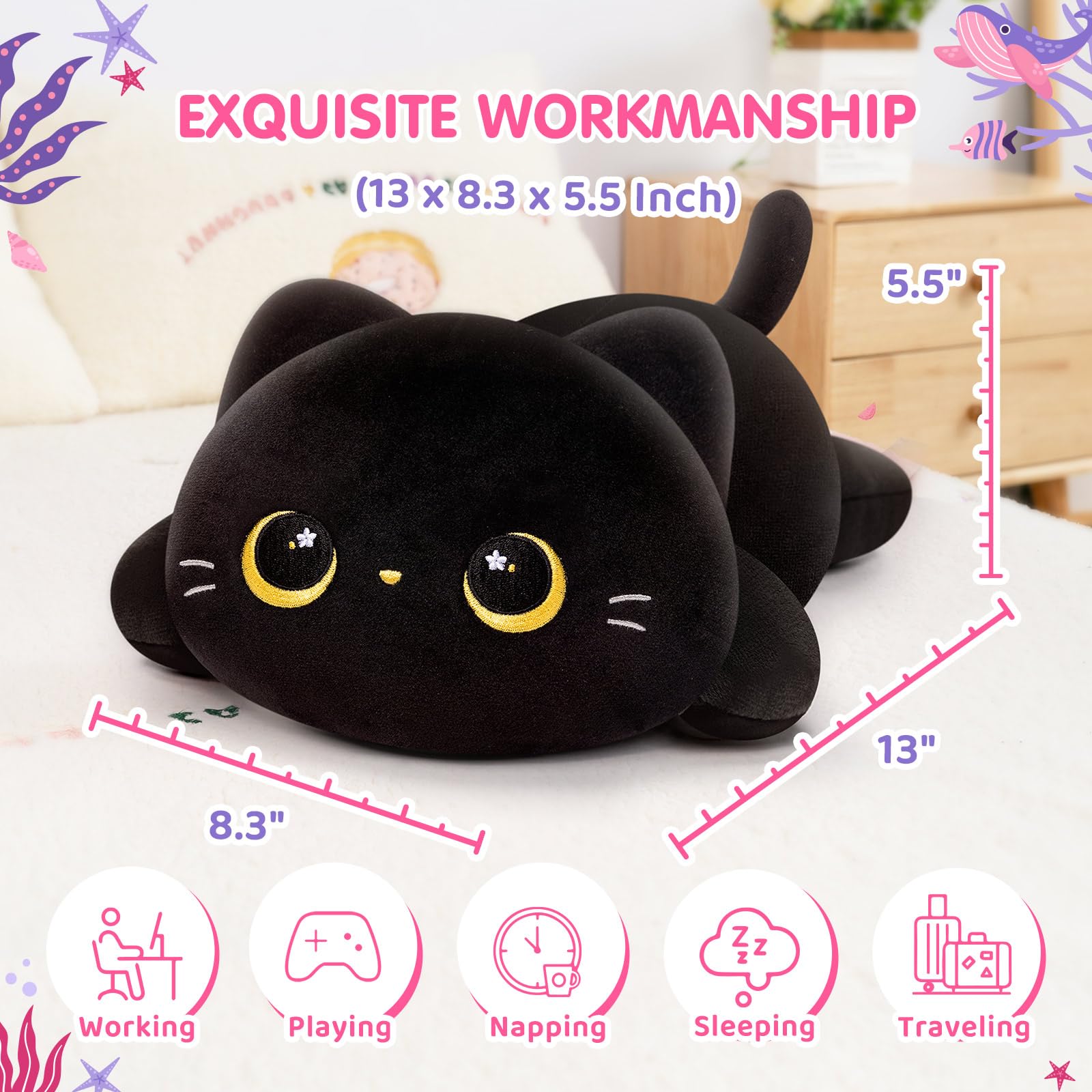 Mewaii Black Cat Plush Pillow MEPI000SAN1185B1-A, Polyester, 13 Inch