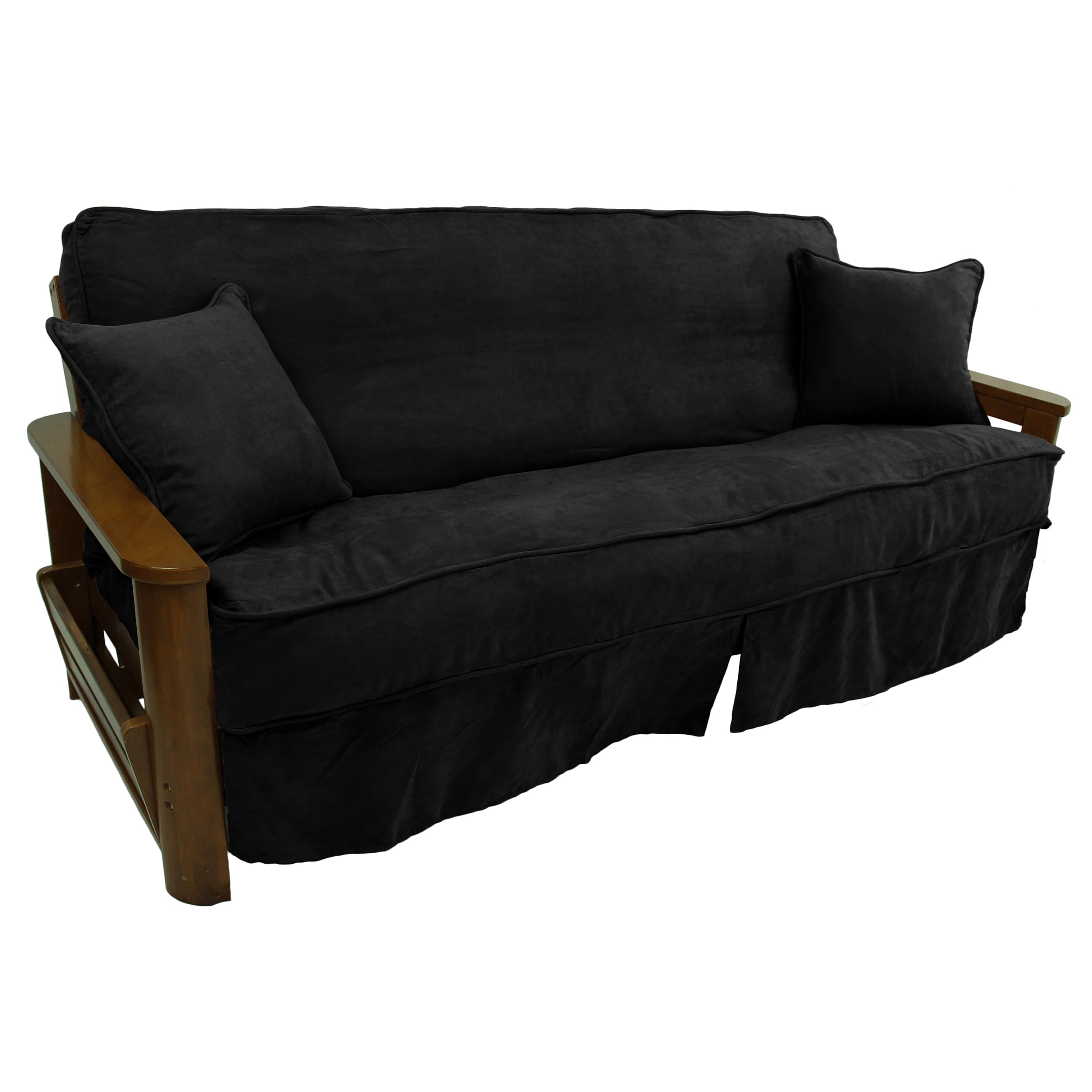 Blazing Needles Solid Microsuede Double Corded 8" to 9" Futon Slipcover Set with 2 Throw Pillows (Set of 3), Full, Black