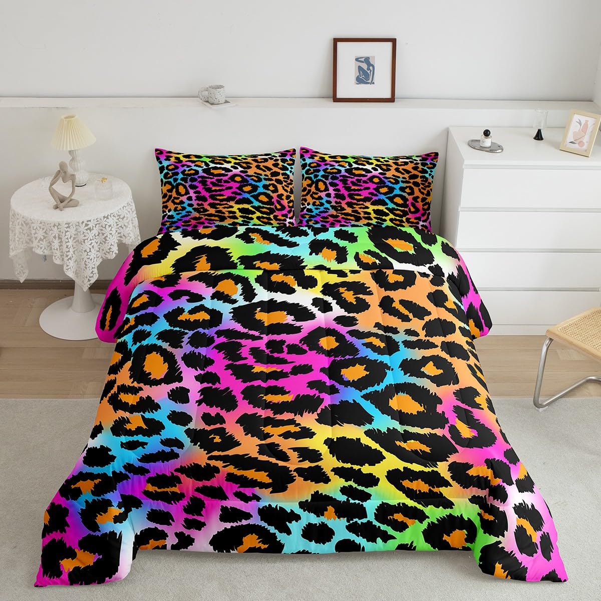 Leopard Print Comforter Set For Girls Kids Women Neon Rainbow Leopard Fur Bedding Set Mottled Exotic Panthera Skin Comforter Room Decor Colorful Camouflage Safari Theme Duvet Set Queen Size Quilt Set