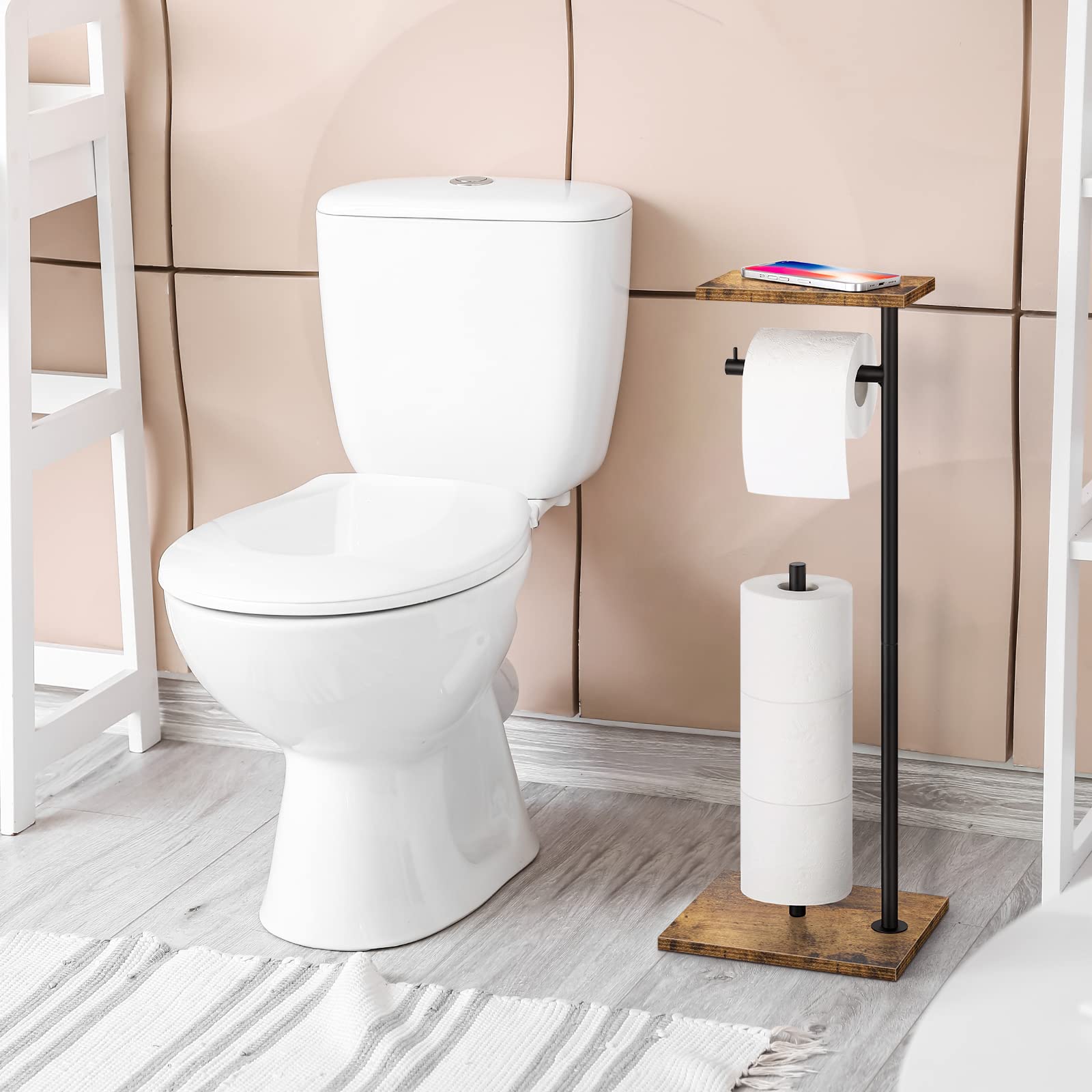 BTY Rustic Brown Farmhouse Toilet Paper Dispenser - Freestanding Tissue Roll Holder with Shelf for Bathroom Storage