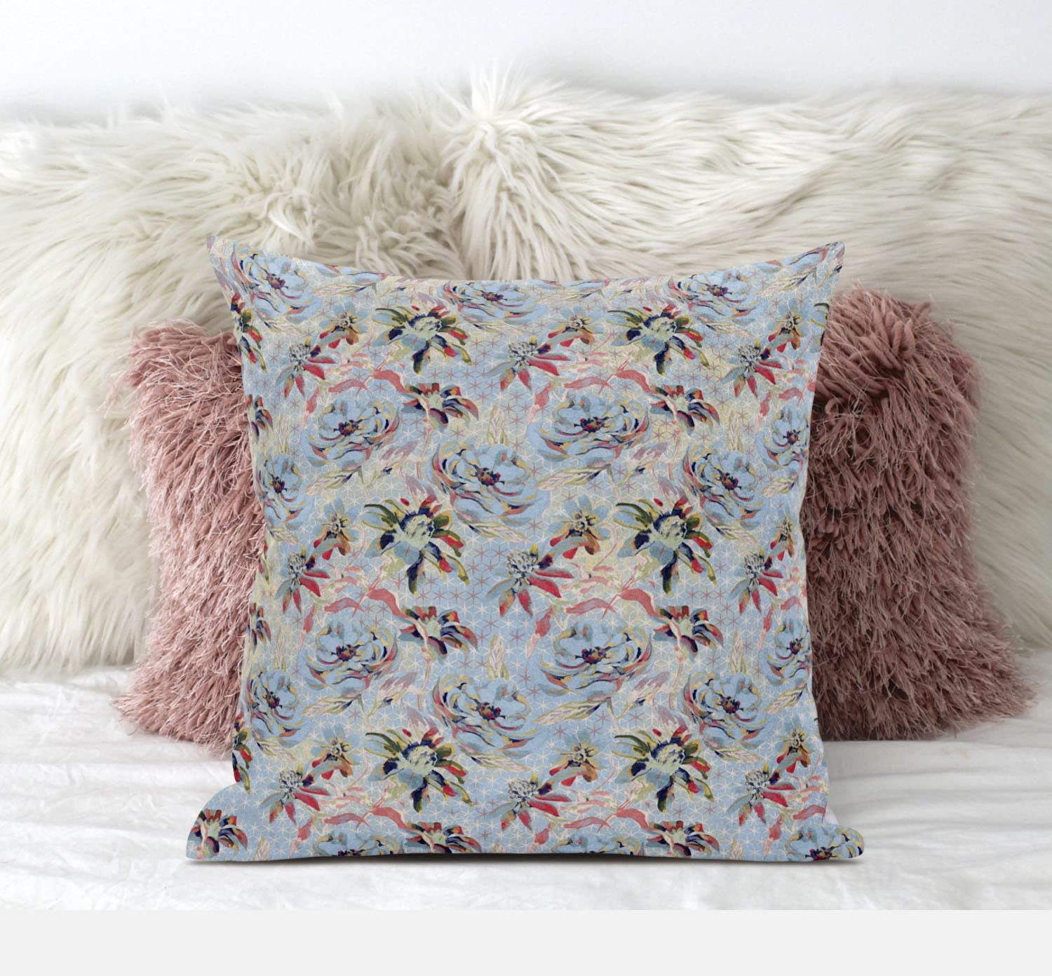 HomeRoots Indigo Gray 16' Light Blue Red Roses Zippered Suede Throw Pillow