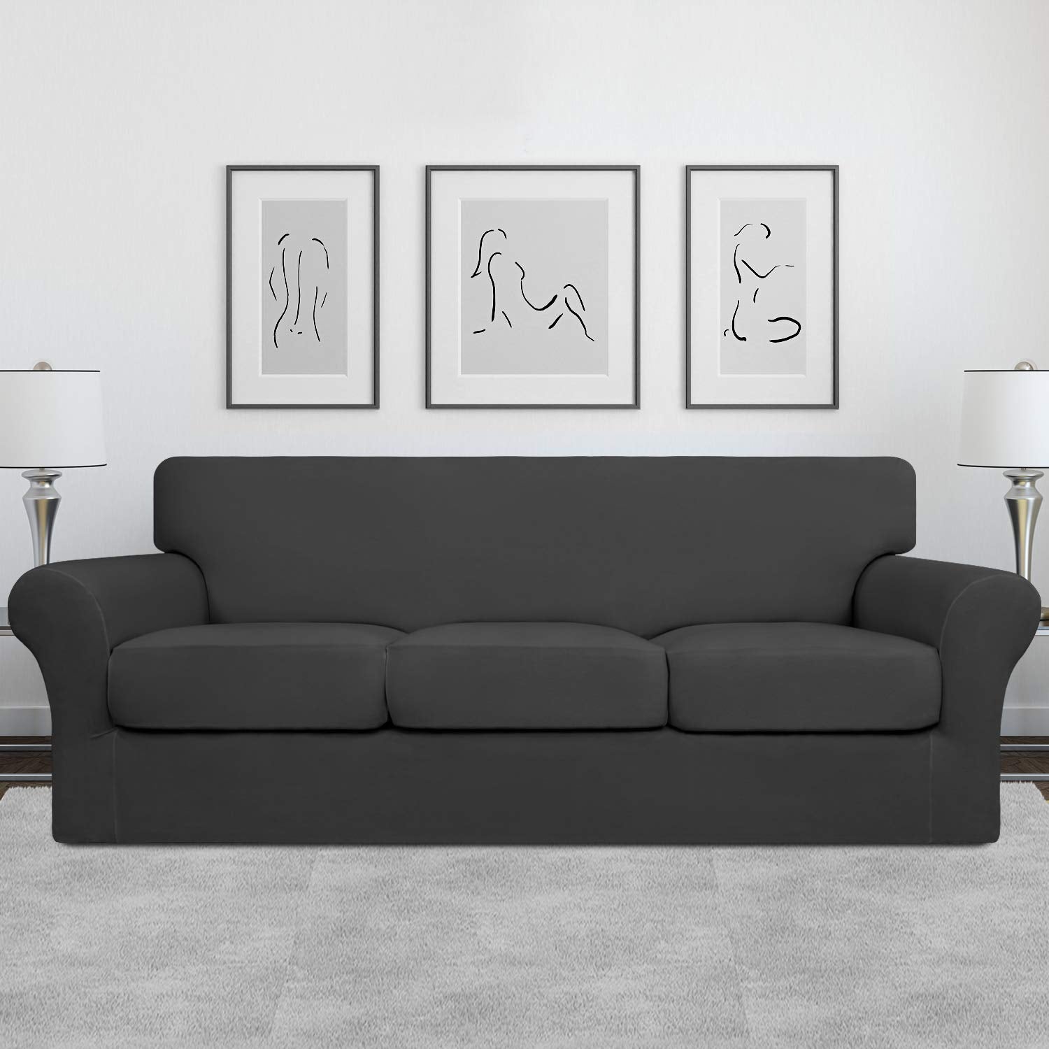 Easy-Going 4 Pieces Stretch Soft Couch Cover For Dogs - Washable Sofa Slipcover For 3 Separate Cushion Couch - Elastic Furniture Protector For Pets, Kids (Sofa, Dark Gray, Large)