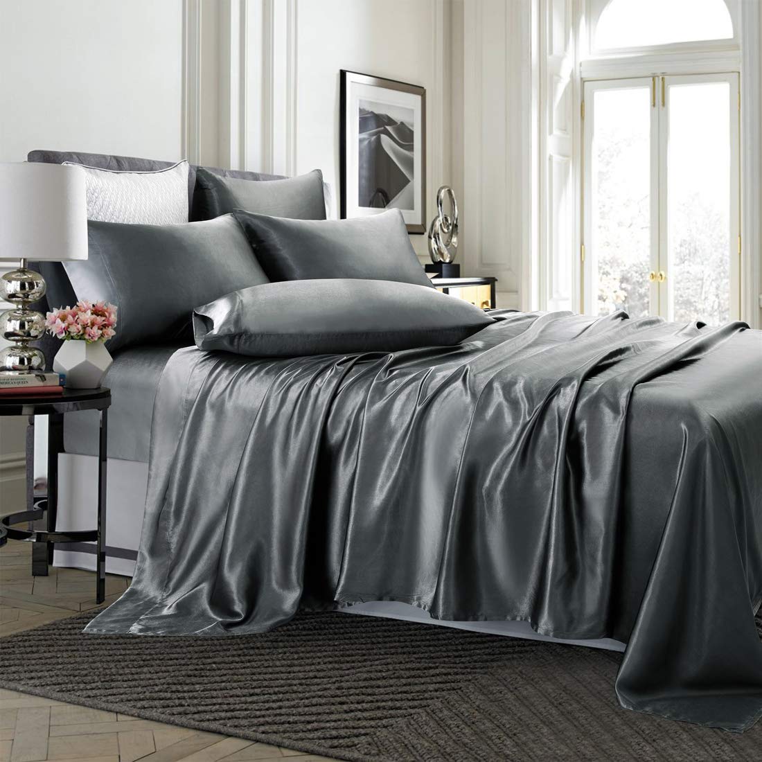 Treely 6 Piece Satin Sheets Full Size Silky Smooth Grey Satin Sheet Set With Deep Pocket, Satin Fitted Sheet, Flat Sheet, 4 Sati