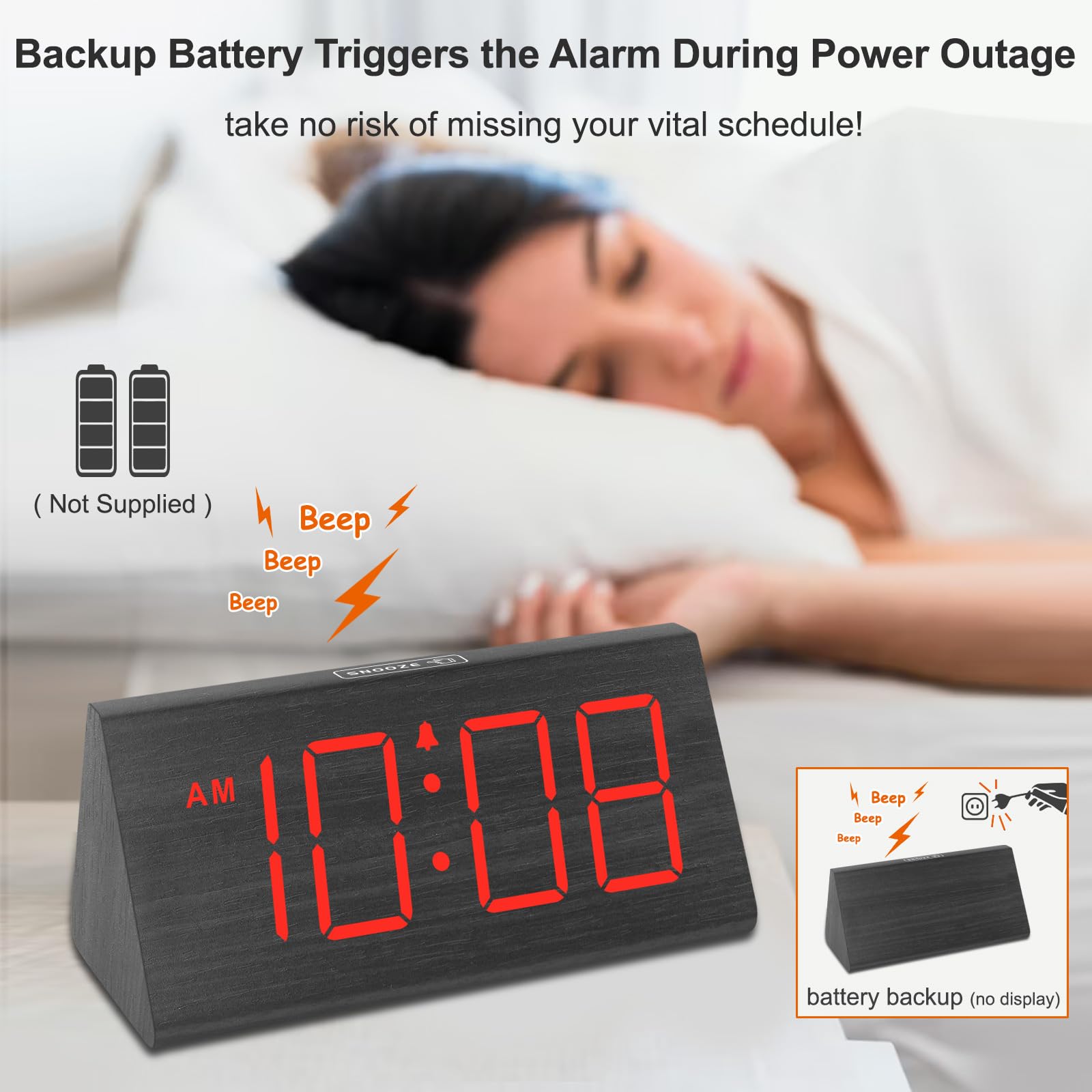 Dreamsky Wooden Digital Alarm Clocks For Bedrooms - Electric Desk Clock With Large Red Numbers, Usb Port, Battery Backup Alarm,
