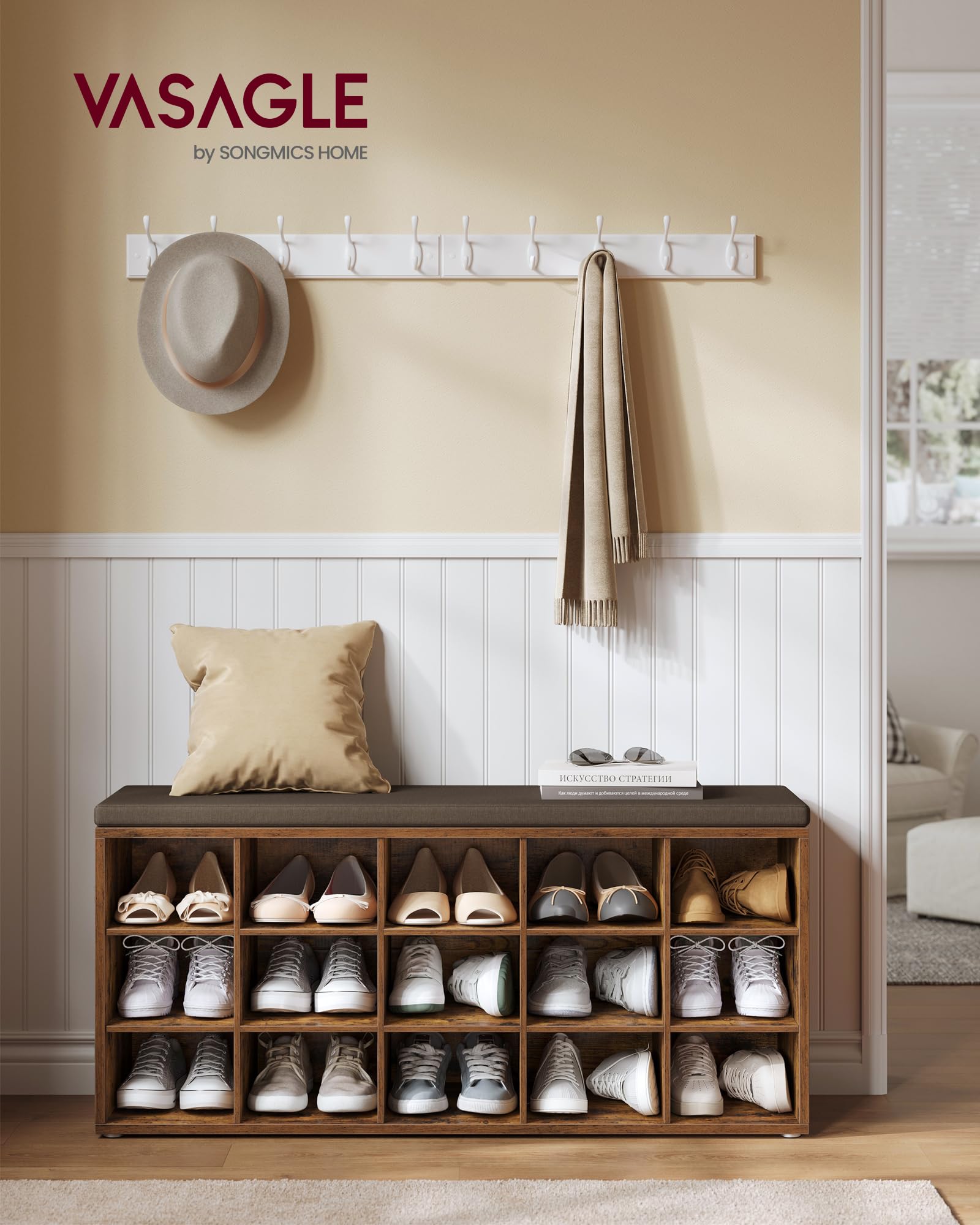 Vasagle Shoe Bench With Cushion, Storage Bench With Padded Seat, Entryway Bench With 15 Compartments, For Bedroom, 11.8 X 41.3 X 18.9 Inches, Rustic Brown And Chestnut Brown Ulhs15Bx