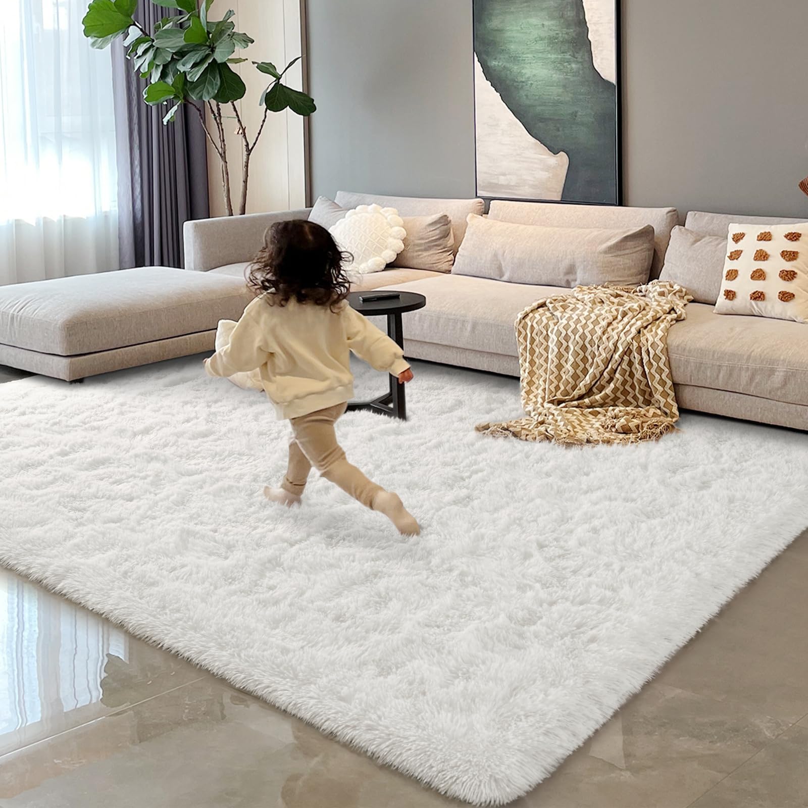 HOMORE Cream White Rugs for Living Room 6x9 Fluffy Area Rug Modern Shag Rugs for Bedroom, Super Soft and Comfy Carpet, Cute Carp
