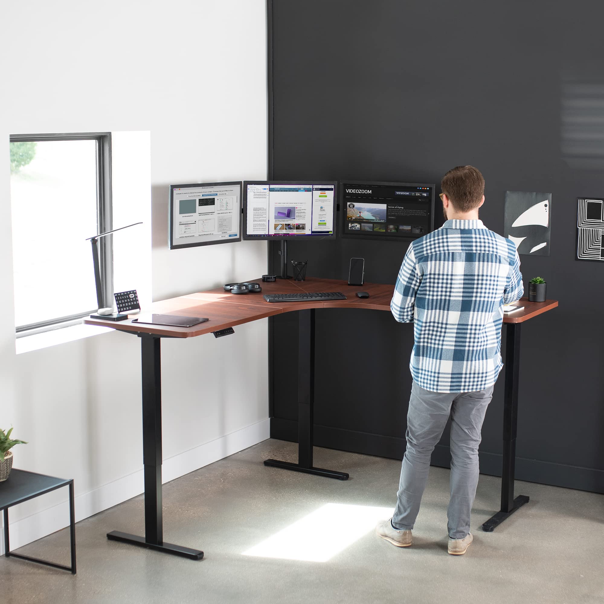 Vivo Electric Height Adjustable 71 X 71 Inch Curved Corner Stand Up Desk, Dark Walnut Table Top, Black Frame, Memory Controller, L-Shaped Workstation, E3C Series, Desk-Kit-E3Cbd