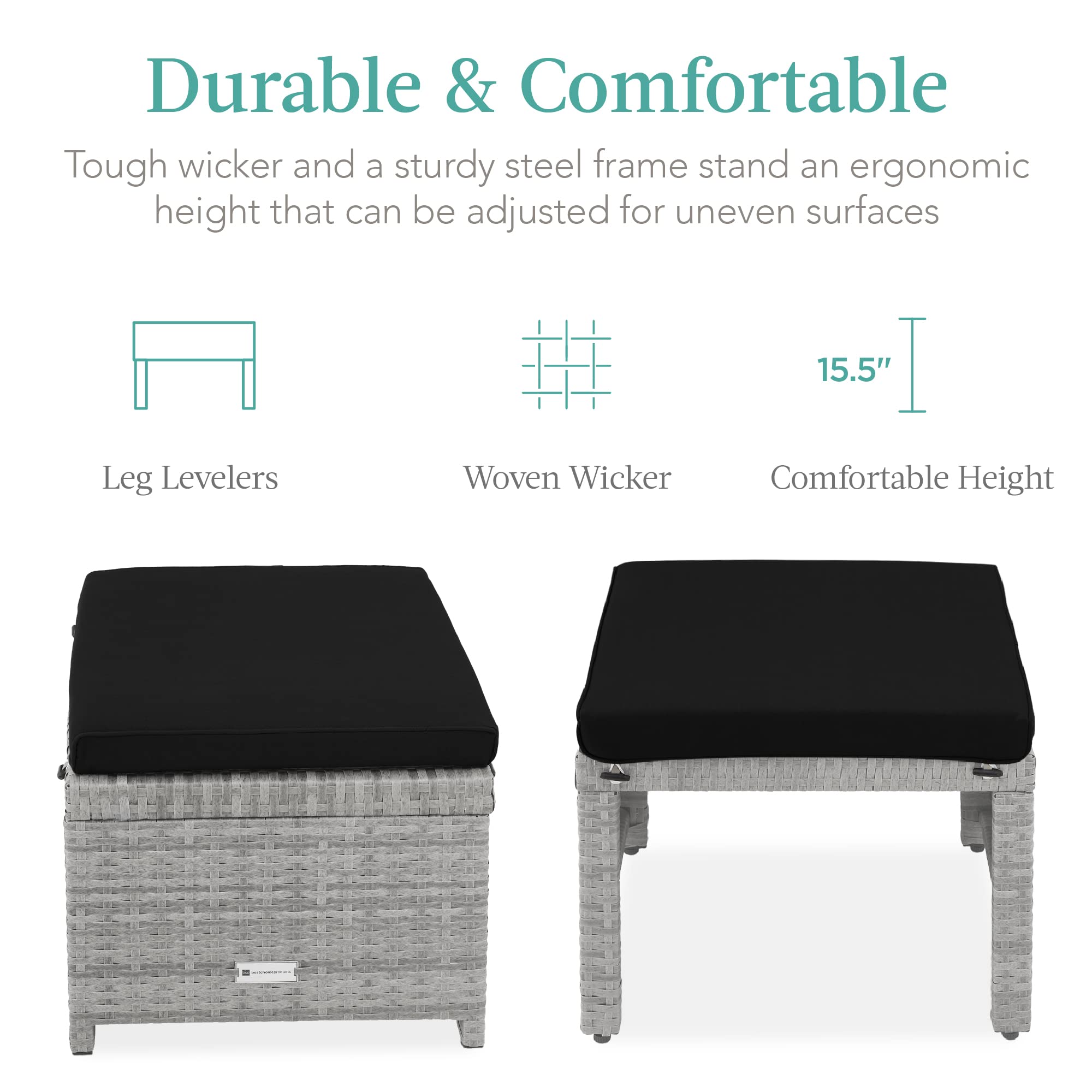 Best Choice Products Set Of 2 Wicker Ottomans, Multipurpose Outdoor Furniture For Patio, Backyard, Additional Seating, Footrest, Side Table W/Removable Cushions, Steel Frame - Gray/Black