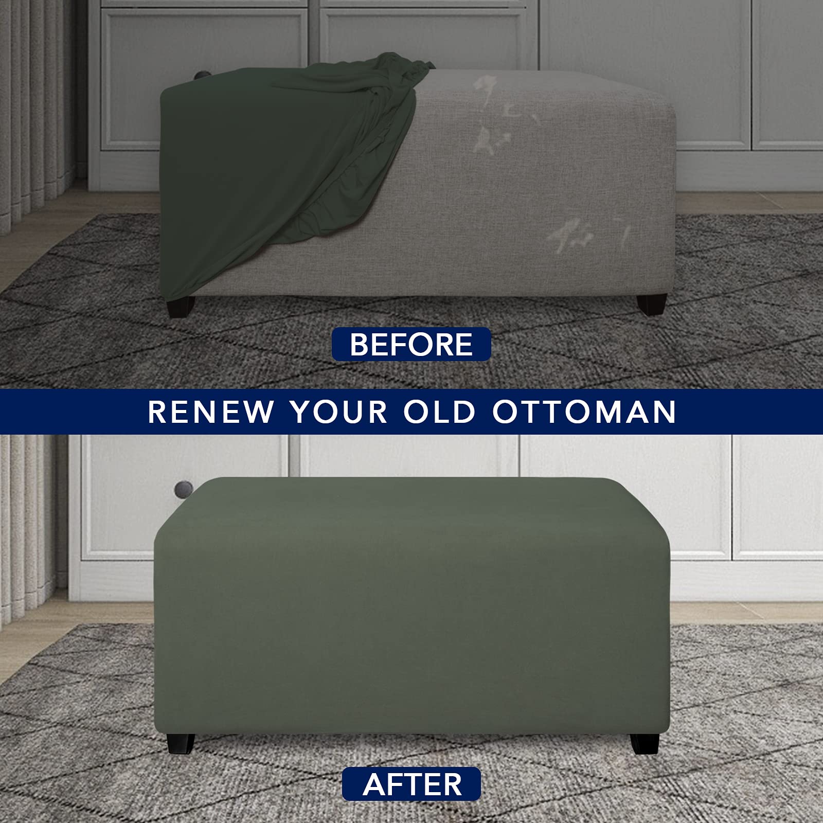 Purefit Super Stretch Soft Form Fit Ottoman Cover Rectangle - Ottoman Slipcovers For Foot Stool & Folding Storage Furniture For Living Room With Nonslip Elastic Bottom (Small, Grayish Green)