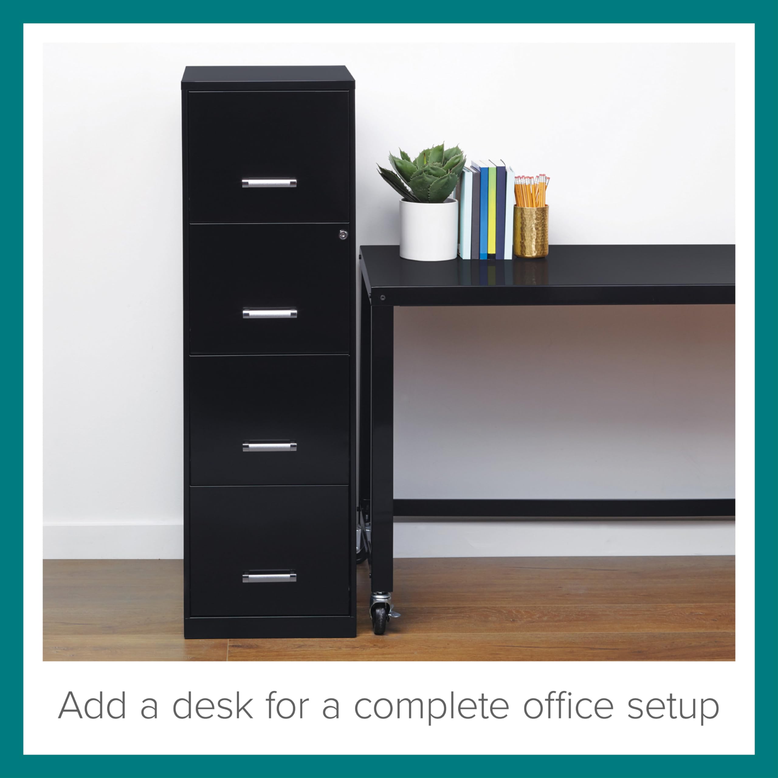 Space Solutions Hirsh 18' Deep 4 High-Side Drawers Modern Metal Vertical File Cabinet For Small Office Or Home Office, With Cam Lock, Letter-Size Hanging Folders In Black