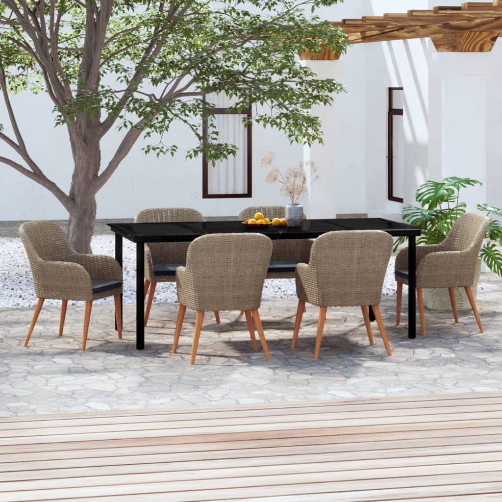 vidaXL Patio Dining Set, 9-Piece Outdoor Furniture Set with Comfortable Cushions, Brown PE Rattan and Solid Acacia Wood Construction, Easy-to-Clean Glass Tabletop ?Ideal for Garden and Patio