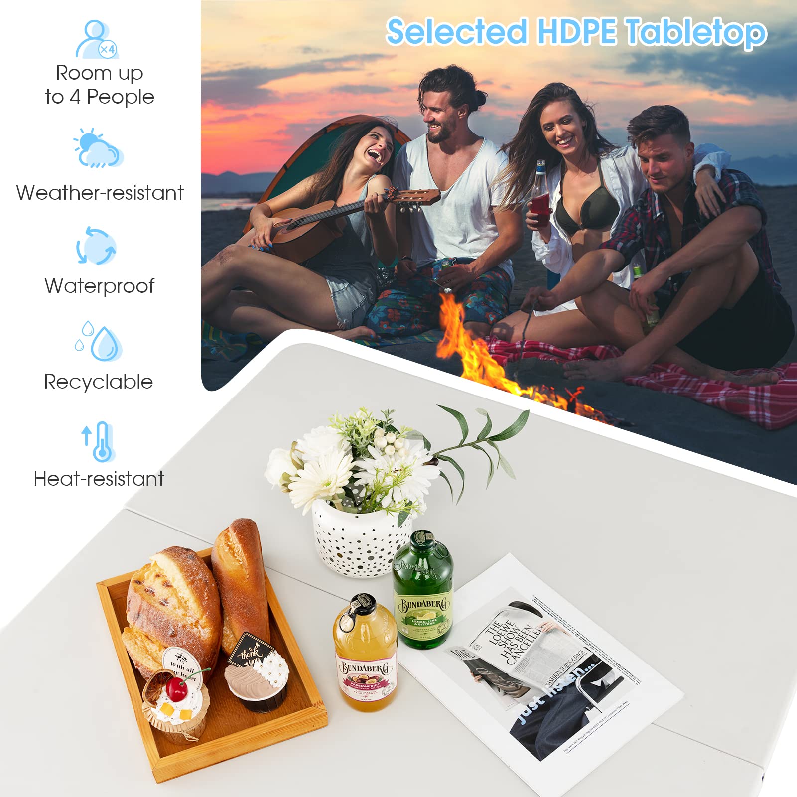 Goplus 34' Square Folding Card Table, Foldable Plastic Folding Tables, Portable Fold Up Table W/Handle, White Indoor Outdoor Utility Bi-Folding Commercial Table For Picnic, Party, Dining, Camping, Bbq
