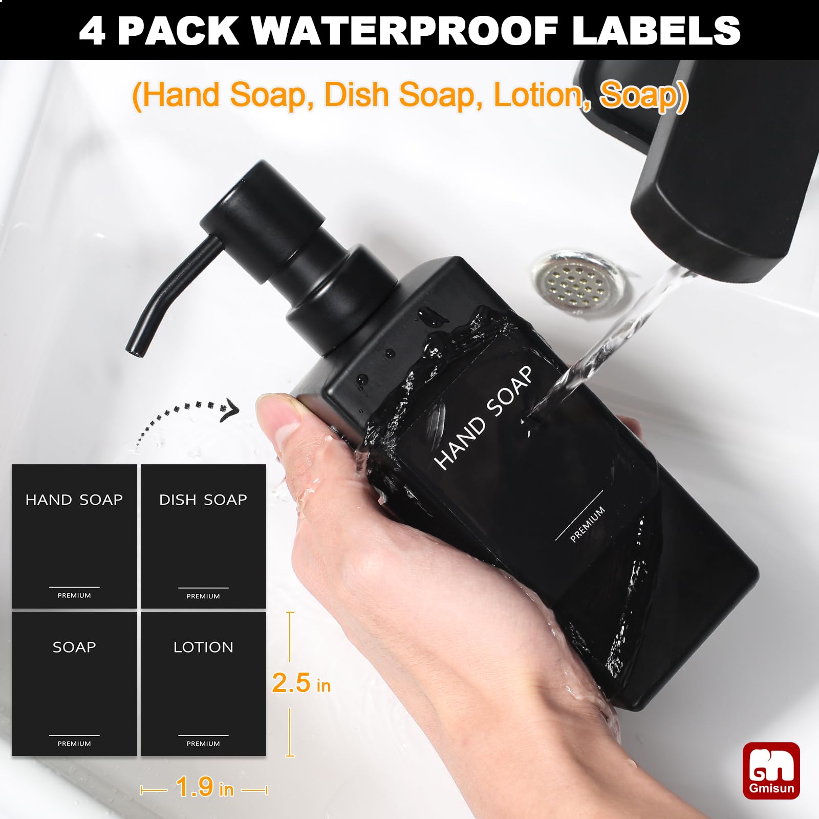 GM GMISUN Black Soap Dispenser Set - 12oz Glass with Stainless Steel Pump, Modern 2 Pack for Kitchen & Bathroom