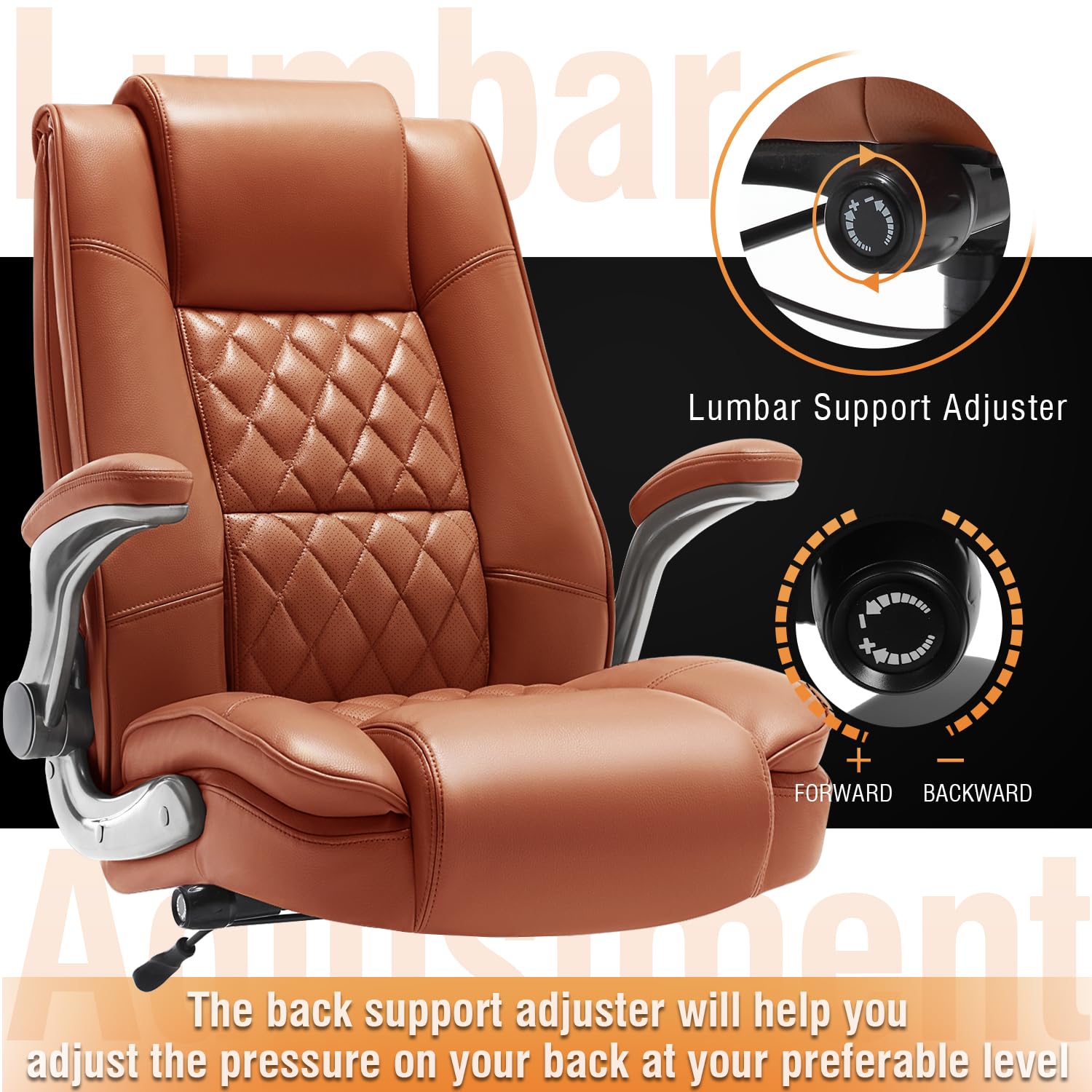 EZAKI Ergonomic Office Chair Flip-up Arms Lumbar Support Leather Gold Brown SH003