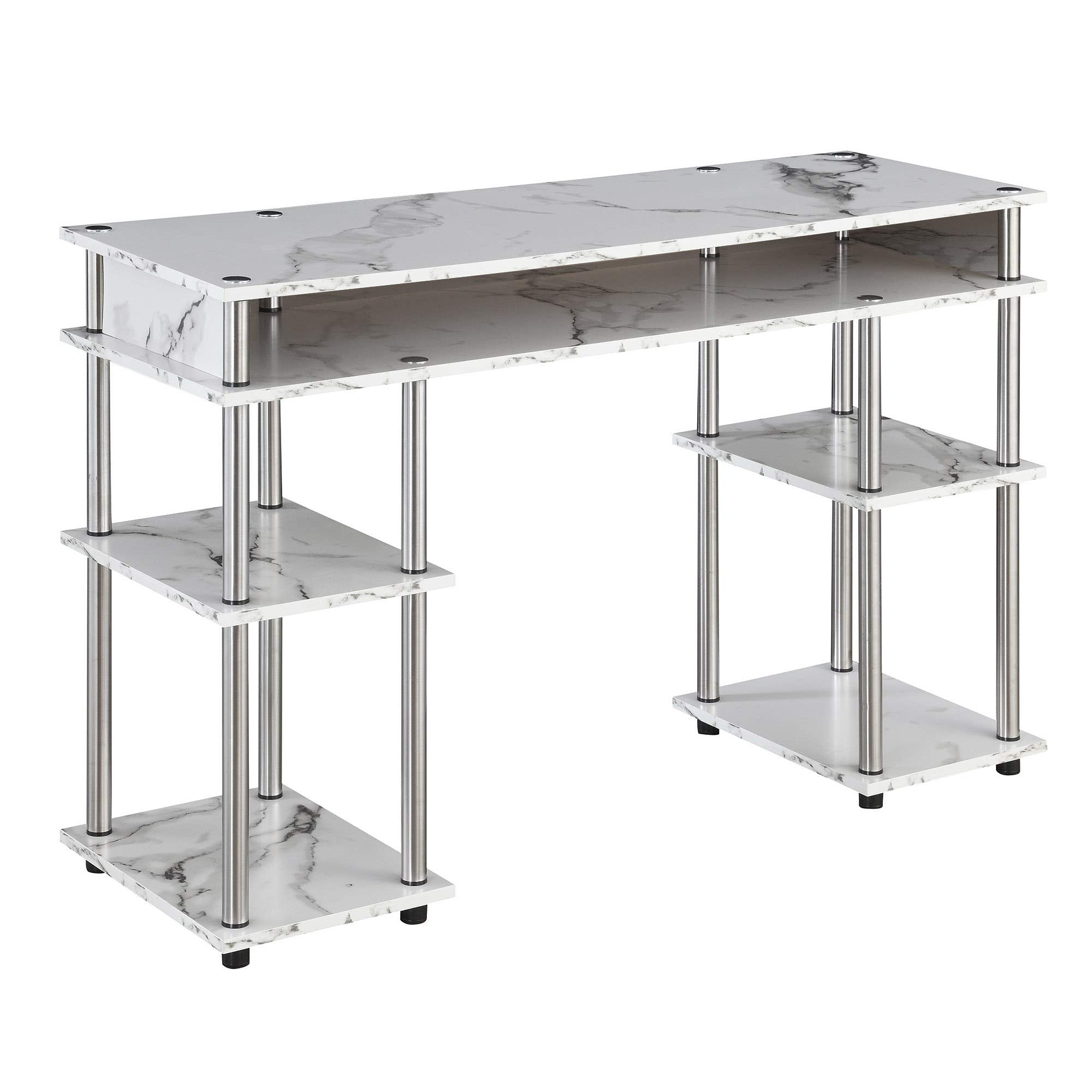 Convenience Concepts Designs2Go No Tools Desk Home Office Desk with Shelves, Corner Shelf Vanity Desk Computer Desk Nail Table for Nail Tech - 47.25" L x 15.75" W x 30" H, White Faux Marble