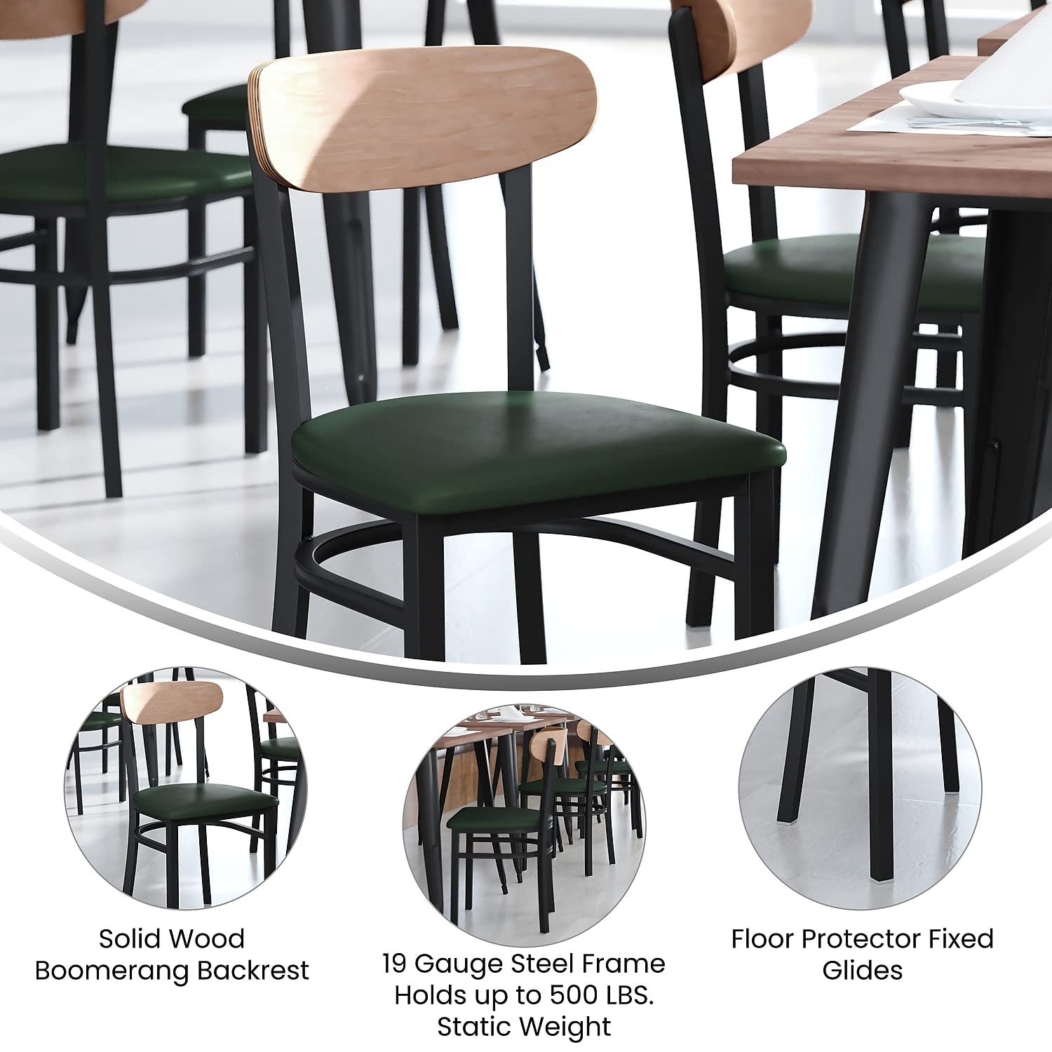 Flash Furniture Wright Commercial Dining Chair 520 LB. Capacity Black Steel Frame-Integrated Footrest, 1 Pack, Natural Birch Wood Back/Green Vinyl Seat