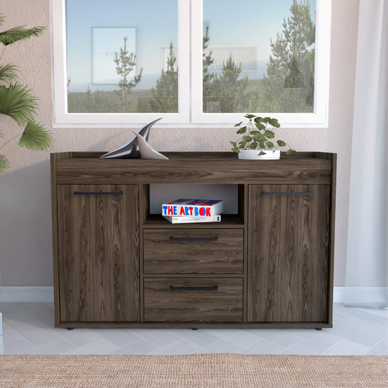 Hart Sideboard Double Door Cabinet, 1 Open Shelf, Dark Walnut