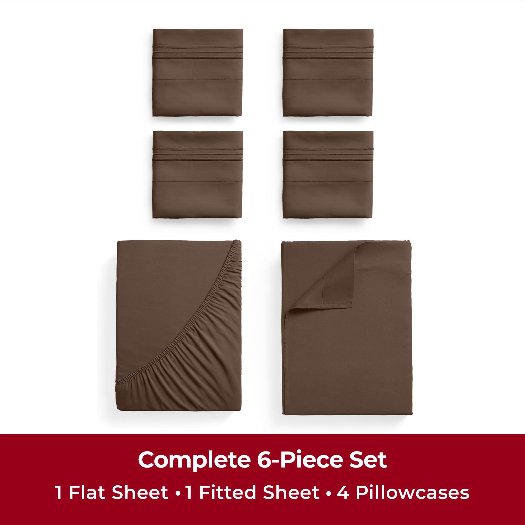Mellanni Queen Sheet Set - 6-Piece Iconic Collection Bedding, (Including 4 Pillowcases), 16-Inch Deep Pocket, Easy Care, Extra Soft, Cooling Sheets, Brushed Microfiber - Brown