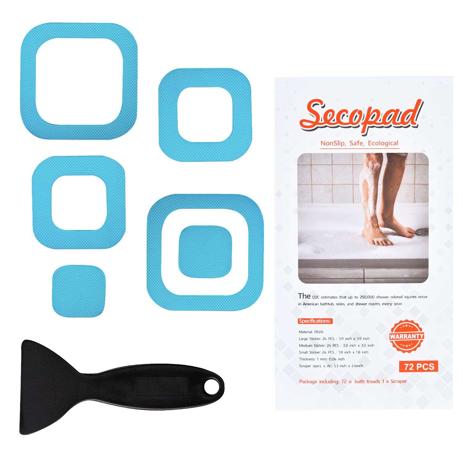 Secopad Non-Slip Bathtub Stickers, 36 PCS Safety Bathroom Tubs Showers Treads Adhesive Decals Scraper (Blue)