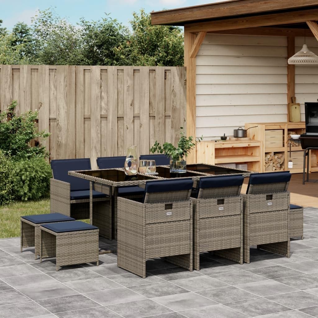 vidaXL Patio Dining Set with Cushions - 11 Piece Gray Poly Rattan Outdoor Garden Table and Chairs Furniture, Compact Storage, Tempered Glass Top