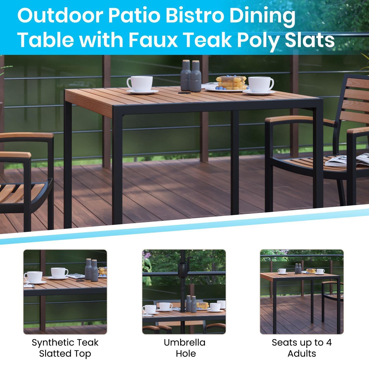 Flash Furniture Lark 3 Piece Patio Table Set - Synthetic Teak Poly Slats - 35" Square Steel Framed Table with 2 Faux Teak Chairs