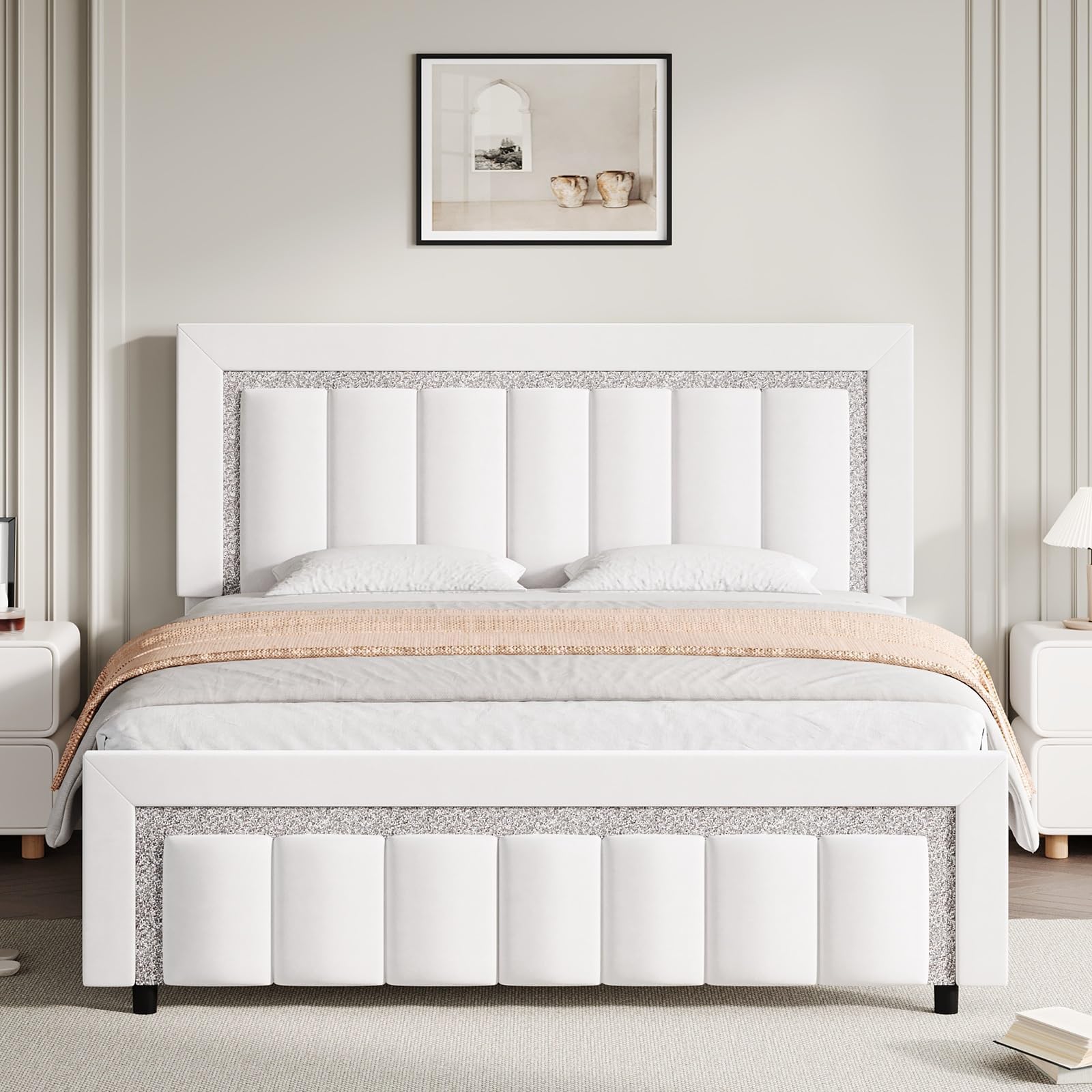 HOMBCK Full Size Bed Frame with Diamond Headboard and Footboard, Velvet Upholstered Bed Frame with Vertical Channel Tufted Desig